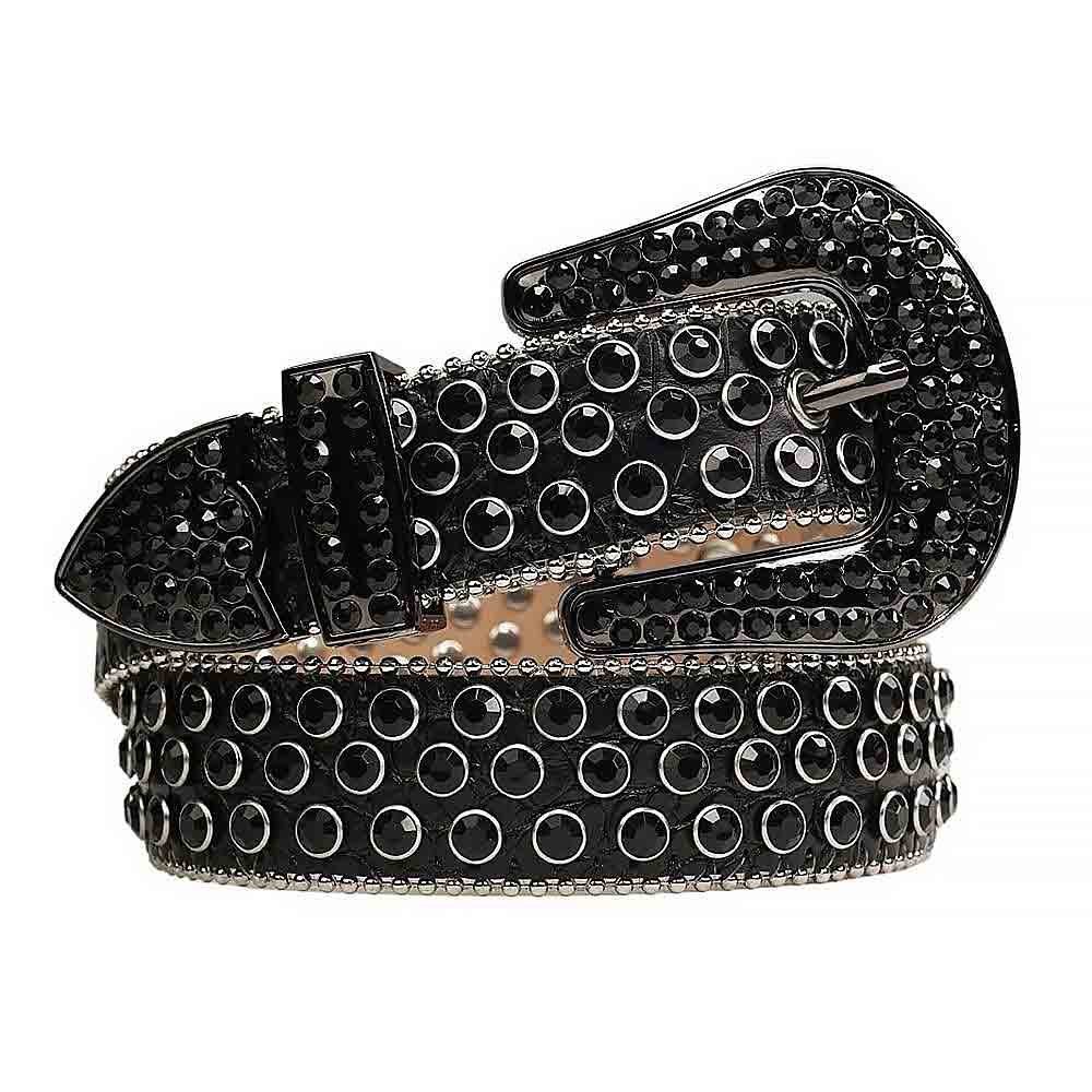 Unisex Black Leather Belt with Black Real Rhinestones & Classic Black Buckle Add a touch of luxury and sparkle to your outfit with the Unisex Black Leather Belt from Real Rhinestone. Featuring a sleek black leather strap, this stylish belt is adorned with black diamond rhinestones, creating a bold and glamorous look. The black buckle, decorated with black crystal rhinestones, enhances the design with extra shine and sophistication. Designed for versatility and comfort, this belt is perfect for both casual and dressy occasions. Whether you're looking to complete a hip-hop-inspired outfit, make a statement at an event, or simply add some extra bling to your wardrobe, this belt is the perfect accessory. Its adjustable fit ensures all-day comfort, while the high-quality materials guarantee durability and long-lasting wear. Elevate your style effortlessly with the Unisex Black Leather Belt. Whether you're hitting the stage, going out with friends, or just upgrading your everyday look, this belt is a must-have. Order now from Real Rhinestone and bring some diamond-studded brilliance to your collection. Material: Premium Leather Rhinestone: Luxury Hand-Set High-Gloss Crystal Diamond Embellishments Buckle Type: Classic Horseshoe Zinc Buckle Set Featuring Engraved Design & Sparkling Rhinestones Width: 4cm (1.5 Inch) Style: Streetwear, Cowboy, Western, Partywear, Festivals & Performances, Fashion, Hip Hop, Bling, Diamond Belt Measurement: Please note that measurements may vary by 1-2 cm. Our belts are measured from the fold where the buckle is attached to the middle hole. For the best fit, we recommend measuring a belt you already own from the fold to the hole you use most frequently. Ideally, the belt should be worn on the third hole for optimal fit and comfort.