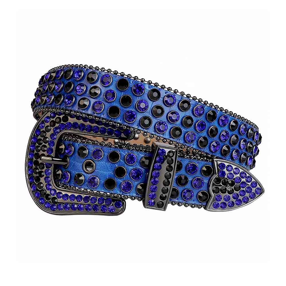 Unisex Blue Leather Belt with Black and Blue Real Rhinestones & Classic Black Buckle Add a touch of luxury and sparkle to your outfit with the Unisex Black Leather Belt from Real Rhinestone. Featuring a sleek blue leather strap, this stylish belt is adorned with Black and Blue diamond rhinestones, creating a bold and glamorous look. The Black buckle, decorated with Black and Blue crystal rhinestones, enhances the design with extra shine and sophistication. Designed for versatility and comfort, this belt is perfect for both casual and dressy occasions. Whether you're looking to complete a hip-hop-inspired outfit, make a statement at an event, or simply add some extra bling to your wardrobe, this belt is the perfect accessory. Its adjustable fit ensures all-day comfort, while the high-quality materials guarantee durability and long-lasting wear. Elevate your style effortlessly with the Unisex Black Leather Belt. Whether you're hitting the stage, going out with friends, or just upgrading your everyday look, this belt is a must-have. Order now from Real Rhinestone and bring some diamond-studded brilliance to your collection. Material: Premium Leather Rhinestone: Luxury Hand-Set High-Gloss Crystal Diamond Embellishments Buckle Type: Classic Horseshoe Zinc Buckle Set Featuring Engraved Design & Sparkling Rhinestones Width: 4cm (1.5 Inch) Style: Streetwear, Cowboy, Western, Partywear, Festivals & Performances, Fashion, Hip Hop, Bling, Diamond Belt Measurement: Please note that measurements may vary by 1-2 cm. Our belts are measured from the fold where the buckle is attached to the middle hole. For the best fit, we recommend measuring a belt you already own from the fold to the hole you use most frequently. Ideally, the belt should be worn on the third hole for optimal fit and comfort