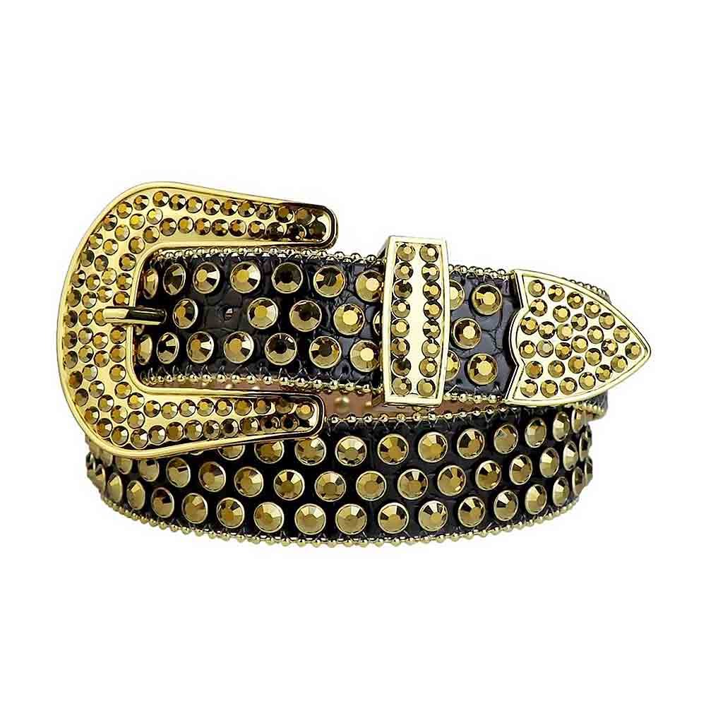 Unisex Black Leather Belt with Gold Color Real Rhinestones & Classic Gold Buckle Add a touch of luxury and sparkle to your outfit with the Unisex Black Leather Belt from Real Rhinestone. Featuring a sleek black leather strap, this stylish belt is adorned with Gold Color diamond rhinestones, creating a bold and glamorous look. The Gold buckle, decorated with gold crystal rhinestones, enhances the design with extra shine and sophistication. Designed for versatility and comfort, this belt is perfect for both casual and dressy occasions. Whether you're looking to complete a hip-hop-inspired outfit, make a statement at an event, or simply add some extra bling to your wardrobe, this belt is the perfect accessory. Its adjustable fit ensures all-day comfort, while the high-quality materials guarantee durability and long-lasting wear. Elevate your style effortlessly with the Unisex Black Leather Belt. Whether you're hitting the stage, going out with friends, or just upgrading your everyday look, this belt is a must-have. Order now from Real Rhinestone and bring some diamond-studded brilliance to your collection. Material: Premium Leather Rhinestone: Luxury Hand-Set High-Gloss Crystal Diamond Embellishments Buckle Type: Classic Horseshoe Zinc Buckle Set Featuring Engraved Design & Sparkling Rhinestones Width: 4cm (1.5 Inch) Style: Streetwear, Cowboy, Western, Partywear, Festivals & Performances, Fashion, Hip Hop, Bling, Diamond Belt Measurement: Please note that measurements may vary by 1-2 cm. Our belts are measured from the fold where the buckle is attached to the middle hole. For the best fit, we recommend measuring a belt you already own from the fold to the hole you use most frequently. Ideally, the belt should be worn on the third hole for optimal fit and comfort.