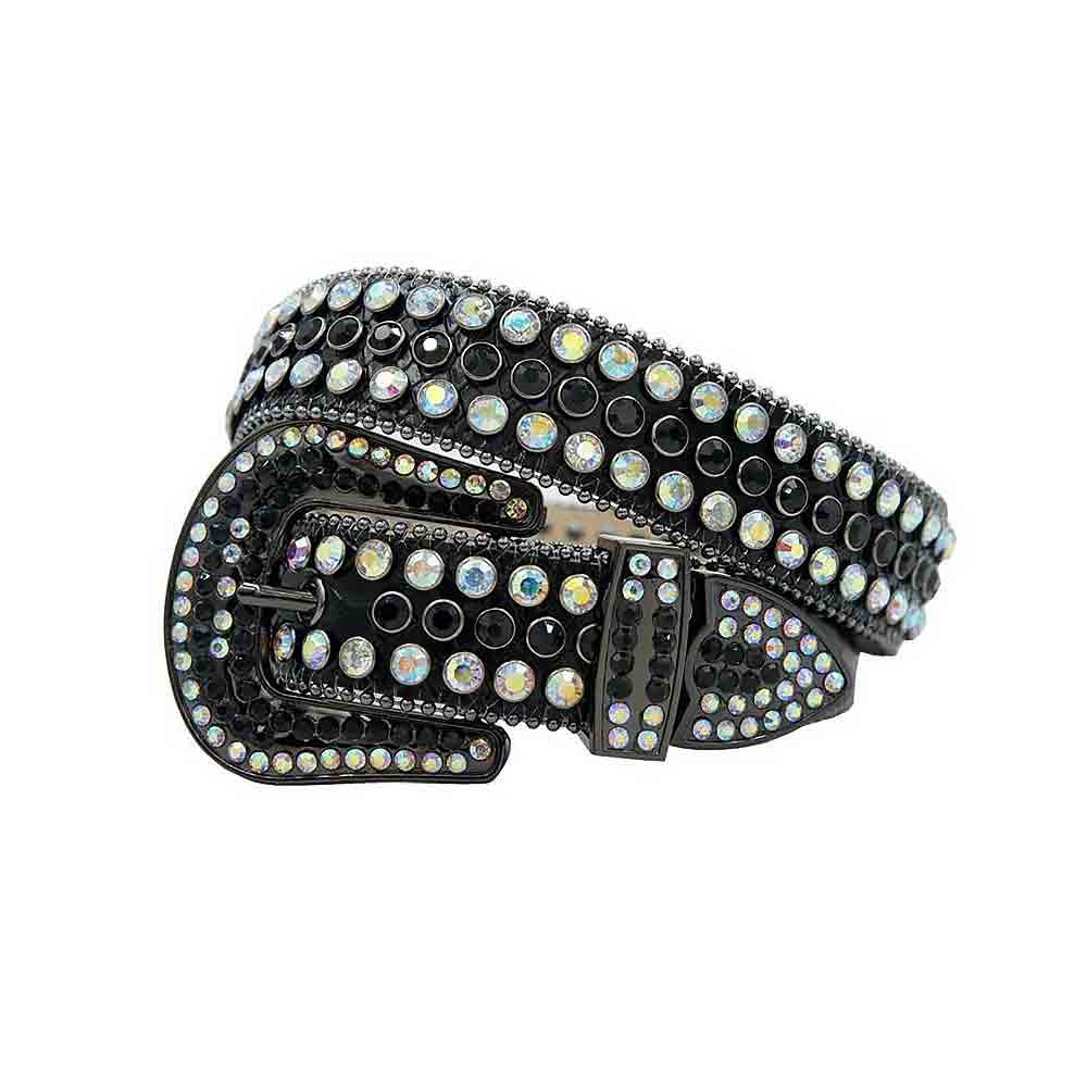 Unisex Black Leather Belt with Black and Multi Color Real Rhinestones & Classic Black Buckle Add a touch of luxury and sparkle to your outfit with the Unisex Black Leather Belt from Real Rhinestone. Featuring a sleek black leather strap, this stylish belt is adorned with Black and Multi Color diamond rhinestones, creating a bold and glamorous look. The Black buckle, decorated with Black and Multi Color  crystal rhinestones, enhances the design with extra shine and sophistication. Designed for versatility and comfort, this belt is perfect for both casual and dressy occasions. Whether you're looking to complete a hip-hop-inspired outfit, make a statement at an event, or simply add some extra bling to your wardrobe, this belt is the perfect accessory. Its adjustable fit ensures all-day comfort, while the high-quality materials guarantee durability and long-lasting wear. Elevate your style effortlessly with the Unisex Black Leather Belt. Whether you're hitting the stage, going out with friends, or just upgrading your everyday look, this belt is a must-have. Order now from Real Rhinestone and bring some diamond-studded brilliance to your collection. Material: Premium Leather Rhinestone: Luxury Hand-Set High-Gloss Crystal Diamond Embellishments Buckle Type: Classic Horseshoe Zinc Buckle Set Featuring Engraved Design & Sparkling Rhinestones Width: 4cm (1.5 Inch) Style: Streetwear, Cowboy, Western, Partywear, Festivals & Performances, Fashion, Hip Hop, Bling, Diamond Belt Measurement: Please note that measurements may vary by 1-2 cm. Our belts are measured from the fold where the buckle is attached to the middle hole. For the best fit, we recommend measuring a belt you already own from the fold to the hole you use most frequently. Ideally, the belt should be worn on the third hole for optimal fit and comfort.