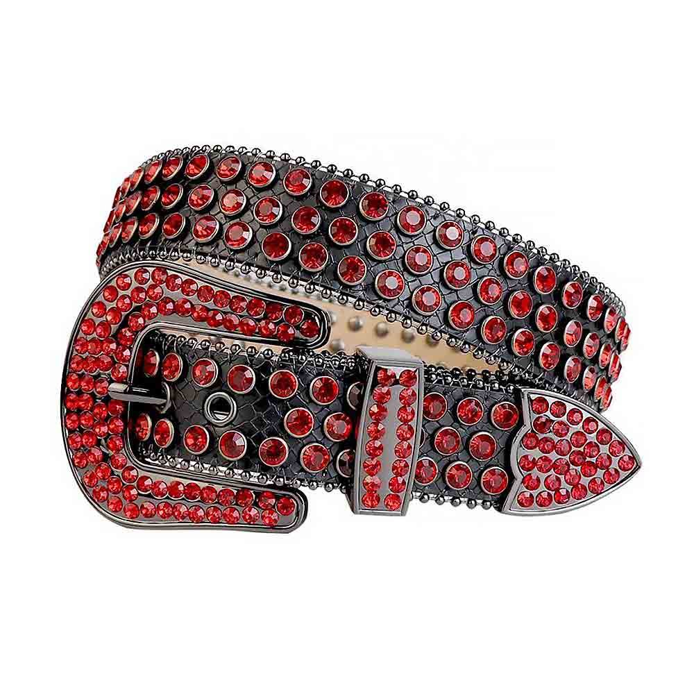 Unisex Black Leather Belt with Red Real Rhinestones & Classic Black Buckle Add a touch of luxury and sparkle to your outfit with the Unisex Black Leather Belt from Real Rhinestone. Featuring a sleek black leather strap, this stylish belt is adorned with Red diamond rhinestones, creating a bold and glamorous look. The Black buckle, decorated with Red  crystal rhinestones, enhances the design with extra shine and sophistication. Designed for versatility and comfort, this belt is perfect for both casual and dressy occasions. Whether you're looking to complete a hip-hop-inspired outfit, make a statement at an event, or simply add some extra bling to your wardrobe, this belt is the perfect accessory. Its adjustable fit ensures all-day comfort, while the high-quality materials guarantee durability and long-lasting wear. Elevate your style effortlessly with the Unisex Black Leather Belt. Whether you're hitting the stage, going out with friends, or just upgrading your everyday look, this belt is a must-have. Order now from Real Rhinestone and bring some diamond-studded brilliance to your collection. Material: Premium Leather Rhinestone: Luxury Hand-Set High-Gloss Crystal Diamond Embellishments Buckle Type: Classic Horseshoe Zinc Buckle Set Featuring Engraved Design & Sparkling Rhinestones Width: 4cm (1.5 Inch) Style: Streetwear, Cowboy, Western, Partywear, Festivals & Performances, Fashion, Hip Hop, Bling, Diamond Belt Measurement: Please note that measurements may vary by 1-2 cm. Our belts are measured from the fold where the buckle is attached to the middle hole. For the best fit, we recommend measuring a belt you already own from the fold to the hole you use most frequently. Ideally, the belt should be worn on the third hole for optimal fit and comfort