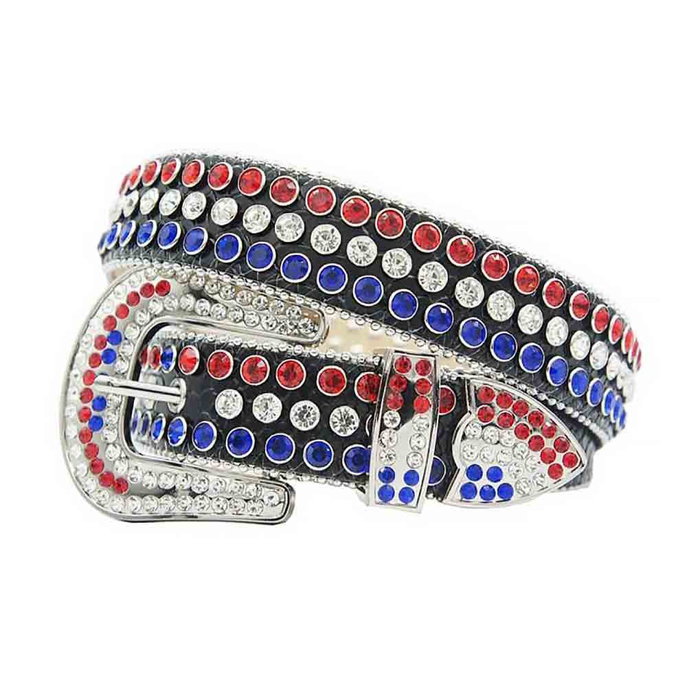 Unisex Black Leather Belt with Red White and Blue Color Real Rhinestones & Classic Silver Buckle Add a touch of luxury and sparkle to your outfit with the Unisex Black Leather Belt from Real Rhinestone. Featuring a sleek Black leather strap, this stylish belt is adorned with Red White and Blue diamond rhinestones, creating a bold and glamorous look. The Silver buckle, decorated with Red White and Blue crystal rhinestones, enhances the design with extra shine and sophistication. Designed for versatility and comfort, this belt is perfect for both casual and dressy occasions. Whether you're looking to complete a hip-hop-inspired outfit, make a statement at an event, or simply add some extra bling to your wardrobe, this belt is the perfect accessory. Its adjustable fit ensures all-day comfort, while the high-quality materials guarantee durability and long-lasting wear. Elevate your style effortlessly with the Unisex Black Leather Belt. Whether you're hitting the stage, going out with friends, or just upgrading your everyday look, this belt is a must-have. Order now from Real Rhinestone and bring some diamond-studded brilliance to your collection. Material: Premium Leather Rhinestone: Luxury Hand-Set High-Gloss Crystal Diamond Embellishments Buckle Type: Classic Horseshoe Zinc Buckle Set Featuring Engraved Design & Sparkling Rhinestones Width: 4cm (1.5 Inch) Style: Streetwear, Cowboy, Western, Partywear, Festivals & Performances, Fashion, Hip Hop, Bling, Diamond Belt Measurement: Please note that measurements may vary by 1-2 cm. Our belts are measured from the fold where the buckle is attached to the middle hole. For the best fit, we recommend measuring a belt you already own from the fold to the hole you use most frequently. Ideally, the belt should be worn on the third hole for optimal fit and comfort.