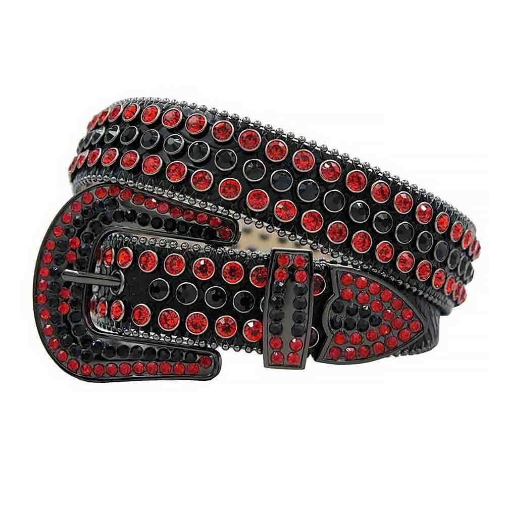 Unisex Black Leather Belt with Red and Black Color Real Rhinestones & Classic Black Buckle Add a touch of luxury and sparkle to your outfit with the Unisex Black Leather Belt from Real Rhinestone. Featuring a sleek Black leather strap, this stylish belt is adorned with Red and Black diamond rhinestones, creating a bold and glamorous look. The Black buckle, decorated with Red and Black crystal rhinestones, enhances the design with extra shine and sophistication. Designed for versatility and comfort, this belt is perfect for both casual and dressy occasions. Whether you're looking to complete a hip-hop-inspired outfit, make a statement at an event, or simply add some extra bling to your wardrobe, this belt is the perfect accessory. Its adjustable fit ensures all-day comfort, while the high-quality materials guarantee durability and long-lasting wear. Elevate your style effortlessly with the Unisex Black Leather Belt. Whether you're hitting the stage, going out with friends, or just upgrading your everyday look, this belt is a must-have. Order now from Real Rhinestone and bring some diamond-studded brilliance to your collection. Material: Premium Leather Rhinestone: Luxury Hand-Set High-Gloss Crystal Diamond Embellishments Buckle Type: Classic Horseshoe Zinc Buckle Set Featuring Engraved Design & Sparkling Rhinestones Width: 4cm (1.5 Inch) Style: Streetwear, Cowboy, Western, Partywear, Festivals & Performances, Fashion, Hip Hop, Bling, Diamond Belt Measurement: Please note that measurements may vary by 1-2 cm. Our belts are measured from the fold where the buckle is attached to the middle hole. For the best fit, we recommend measuring a belt you already own from the fold to the hole you use most frequently. Ideally, the belt should be worn on the third hole for optimal fit and comfort.