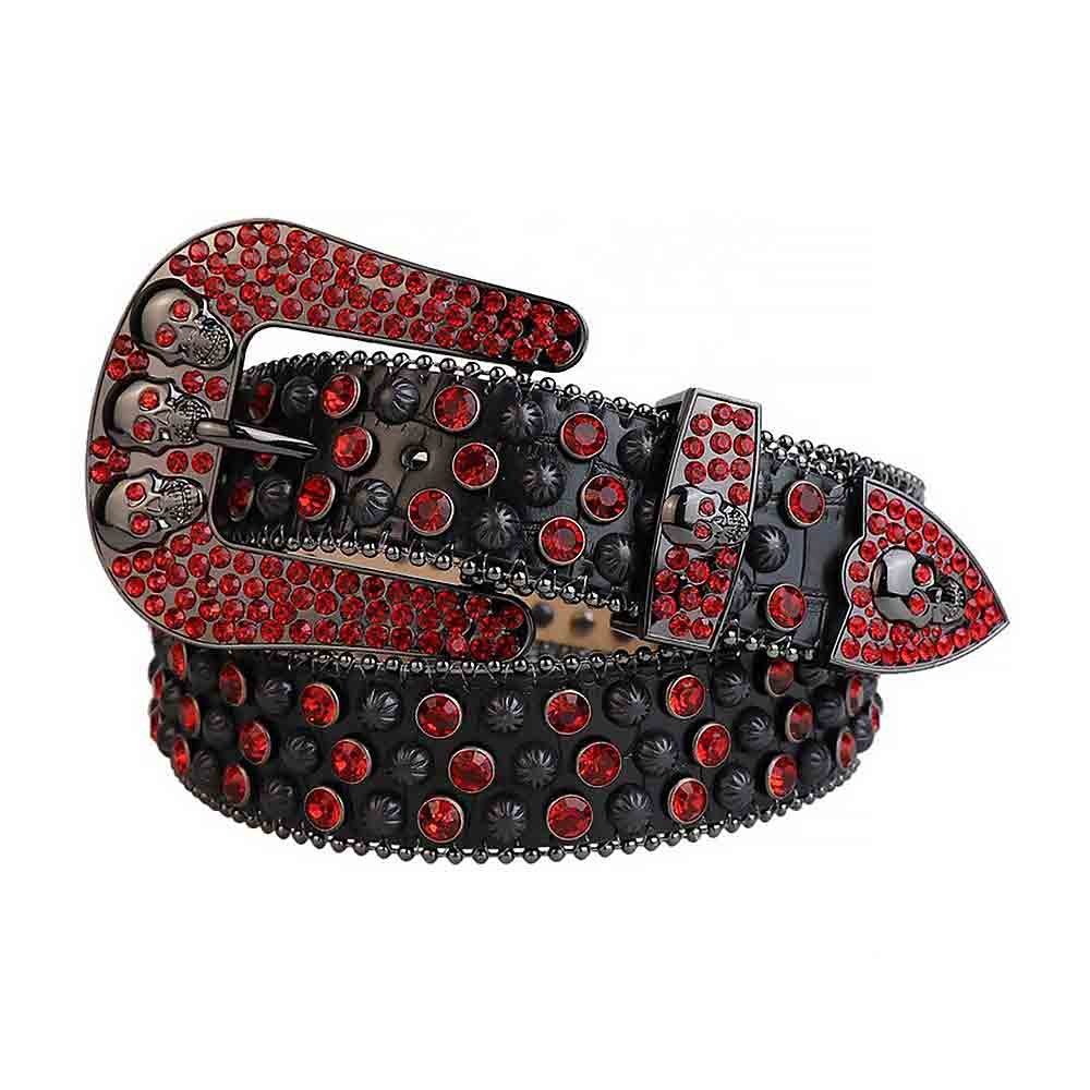 Unisex Black Leather Belt with Skulls Studded Red Rhinestones & Classic Black Skull Buckle Add a touch of luxury and sparkle to your outfit with the Unisex Black Leather Belt from Real Rhinestone. Featuring a sleek Black leather strap, this stylish belt is adorned with Red rhinestones, creating a bold and glamorous look. The Black buckle, decorated with Red color crystal rhinestones, enhances the design with extra shine and sophistication. Designed for versatility and comfort, this belt is perfect for both casual and dressy occasions. Whether you're looking to complete a hip-hop-inspired outfit, make a statement at an event, or simply add some extra bling to your wardrobe, this belt is the perfect accessory. Its adjustable fit ensures all-day comfort, while the high-quality materials guarantee durability and long-lasting wear. Elevate your style effortlessly with the Unisex Black Leather Belt. Whether you're hitting the stage, going out with friends, or just upgrading your everyday look, this belt is a must-have. Order now from Real Rhinestone and bring some diamond-studded brilliance to your collection. Material: Premium Leather Rhinestone: Luxury Hand-Set High-Gloss Crystal Diamond Embellishments Buckle Type: Classic Horseshoe Zinc Buckle Set Featuring Engraved Design & Sparkling Rhinestones Width: 4cm (1.5 Inch) Style: Streetwear, Cowboy, Western, Partywear, Festivals & Performances, Fashion, Hip Hop, Bling, Diamond Belt Measurement: Please note that measurements may vary by 1-2 cm. Our belts are measured from the fold where the buckle is attached to the middle hole. For the best fit, we recommend measuring a belt you already own from the fold to the hole you use most frequently. Ideally, the belt should be worn on the third hole for optimal fit and comfort.