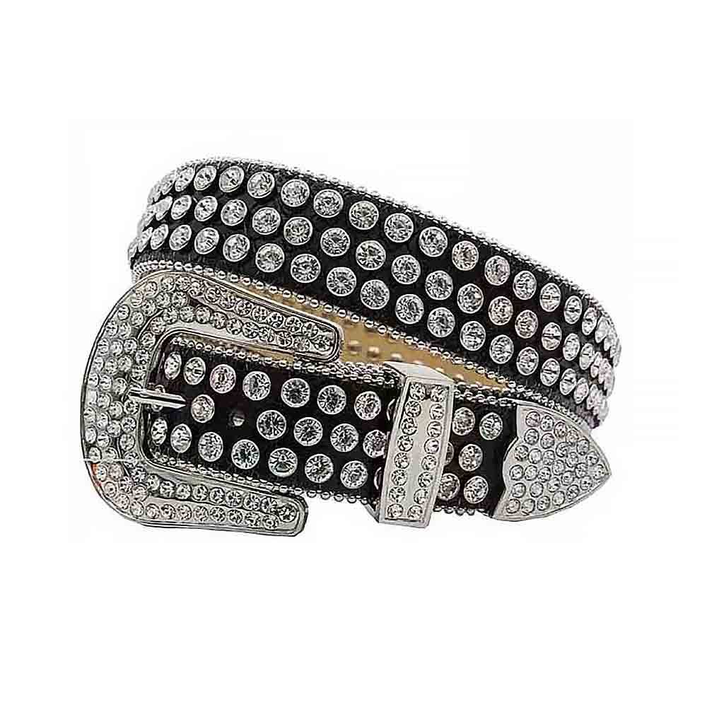 Unisex Black Leather Belt with White Real Rhinestones & Classic Silver Buckle Add a touch of luxury and sparkle to your outfit with the Unisex Black Shimmer Leather Belt from Real Rhinestone. Featuring a sleek Black leather strap, this stylish belt is adorned with White Color diamond rhinestones, creating a bold and glamorous look. The Silver buckle, decorated with White crystal rhinestones, enhances the design with extra shine and sophistication. Designed for versatility and comfort, this belt is perfect for both casual and dressy occasions. Whether you're looking to complete a hip-hop-inspired outfit, make a statement at an event, or simply add some extra bling to your wardrobe, this belt is the perfect accessory. Its adjustable fit ensures all-day comfort, while the high-quality materials guarantee durability and long-lasting wear. Elevate your style effortlessly with the Unisex Black Shimmer Leather Belt. Whether you're hitting the stage, going out with friends, or just upgrading your everyday look, this belt is a must-have. Order now from Real Rhinestone and bring some diamond-studded brilliance to your collection. Material: Premium Leather Rhinestone: Luxury Hand-Set High-Gloss Crystal Diamond Embellishments Buckle Type: Classic Horseshoe Zinc Buckle Set Featuring Engraved Design & Sparkling Rhinestones Width: 4cm (1.5 Inch) Style: Streetwear, Cowboy, Western, Partywear, Festivals & Performances, Fashion, Hip Hop, Bling, Diamond Belt Measurement: Please note that measurements may vary by 1-2 cm. Our belts are measured from the fold where the buckle is attached to the middle hole. For the best fit, we recommend measuring a belt you already own from the fold to the hole you use most frequently. Ideally, the belt should be worn on the third hole for optimal fit and comfort.