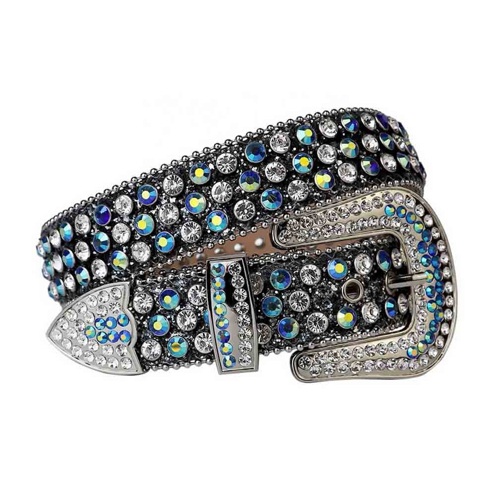 Unisex Black Shimmer Leather Belt with White and Multi Blue Real Rhinestones & Silver Buckle Add a touch of luxury and sparkle to your outfit with the Unisex Black Shimmer Leather Belt from Real Rhinestone. Featuring a sleek Black Shimmer leather strap, this stylish belt is adorned with White and Multi Blue diamond rhinestones, creating a bold and glamorous look. The Silver buckle, decorated with White and Multi Blue crystal rhinestones, enhances the design with extra shine and sophistication. Designed for versatility and comfort, this belt is perfect for both casual and dressy occasions. Whether you're looking to complete a hip-hop-inspired outfit, make a statement at an event, or simply add some extra bling to your wardrobe, this belt is the perfect accessory. Its adjustable fit ensures all-day comfort, while the high-quality materials guarantee durability and long-lasting wear. Elevate your style effortlessly with the Unisex Black Shimmer Leather Belt. Whether you're hitting the stage, going out with friends, or just upgrading your everyday look, this belt is a must-have. Order now from Real Rhinestone and bring some diamond-studded brilliance to your collection. Material: Premium Leather Rhinestone: Luxury Hand-Set High-Gloss Crystal Diamond Embellishments Buckle Type: Classic Horseshoe Zinc Buckle Set Featuring Engraved Design & Sparkling Rhinestones Width: 4cm (1.5 Inch) Style: Streetwear, Cowboy, Western, Partywear, Festivals & Performances, Fashion, Hip Hop, Bling, Diamond Belt Measurement: Please note that measurements may vary by 1-2 cm. Our belts are measured from the fold where the buckle is attached to the middle hole. For the best fit, we recommend measuring a belt you already own from the fold to the hole you use most frequently. Ideally, the belt should be worn on the third hole for optimal fit and comfort.