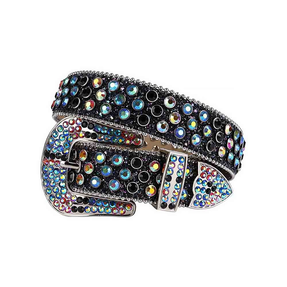 Unisex Black Shimmer Leather Belt with Multi and Black Real Rhinestones & Silver Buckle Add a touch of luxury and sparkle to your outfit with the Unisex Black Shimmer Leather Belt from Real Rhinestone. Featuring a sleek Black Shimmer leather strap, this stylish belt is adorned with Black and Multi diamond rhinestones, creating a bold and glamorous look. The Silver buckle, decorated with Black and Multi crystal rhinestones, enhances the design with extra shine and sophistication. Designed for versatility and comfort, this belt is perfect for both casual and dressy occasions. Whether you're looking to complete a hip-hop-inspired outfit, make a statement at an event, or simply add some extra bling to your wardrobe, this belt is the perfect accessory. Its adjustable fit ensures all-day comfort, while the high-quality materials guarantee durability and long-lasting wear. Elevate your style effortlessly with the Unisex Black Shimmer Leather Belt. Whether you're hitting the stage, going out with friends, or just upgrading your everyday look, this belt is a must-have. Order now from Real Rhinestone and bring some diamond-studded brilliance to your collection. Material: Premium Leather Rhinestone: Luxury Hand-Set High-Gloss Crystal Diamond Embellishments Buckle Type: Classic Horseshoe Zinc Buckle Set Featuring Engraved Design & Sparkling Rhinestones Width: 4cm (1.5 Inch) Style: Streetwear, Cowboy, Western, Partywear, Festivals & Performances, Fashion, Hip Hop, Bling, Diamond Belt Measurement: Please note that measurements may vary by 1-2 cm. Our belts are measured from the fold where the buckle is attached to the middle hole. For the best fit, we recommend measuring a belt you already own from the fold to the hole you use most frequently. Ideally, the belt should be worn on the third hole for optimal fit and comfort.