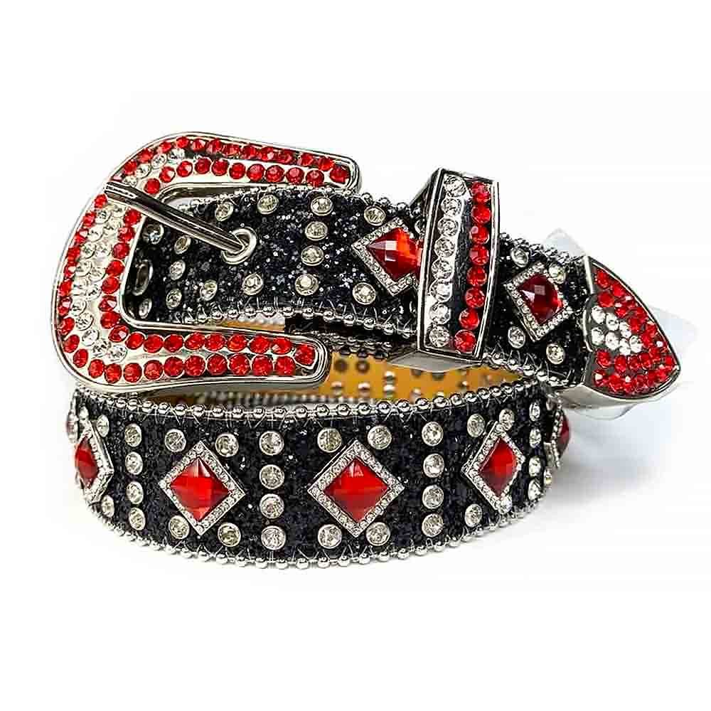 Unisex Black Shimmer Leather Belt with Small White and Large Red Real Rhinestones & Silver Buckle Add a touch of luxury and sparkle to your outfit with the Unisex Black Shimmer Leather Belt from Real Rhinestone. Featuring a sleek Black Shimmer leather strap, this stylish belt is adorned with Small White and Large Red diamond rhinestones, creating a bold and glamorous look. The Silver buckle, decorated with Small White and Large Red crystal rhinestones, enhances the design with extra shine and sophistication. Designed for versatility and comfort, this belt is perfect for both casual and dressy occasions. Whether you're looking to complete a hip-hop-inspired outfit, make a statement at an event, or simply add some extra bling to your wardrobe, this belt is the perfect accessory. Its adjustable fit ensures all-day comfort, while the high-quality materials guarantee durability and long-lasting wear. Elevate your style effortlessly with the Unisex Black Shimmer Leather Belt. Whether you're hitting the stage, going out with friends, or just upgrading your everyday look, this belt is a must-have. Order now from Real Rhinestone and bring some diamond-studded brilliance to your collection. Material: Premium Leather Rhinestone: Luxury Hand-Set High-Gloss Crystal Diamond Embellishments Buckle Type: Classic Horseshoe Zinc Buckle Set Featuring Engraved Design & Sparkling Rhinestones Width: 4cm (1.5 Inch) Style: Streetwear, Cowboy, Western, Partywear, Festivals & Performances, Fashion, Hip Hop, Bling, Diamond Belt Measurement: Please note that measurements may vary by 1-2 cm. Our belts are measured from the fold where the buckle is attached to the middle hole. For the best fit, we recommend measuring a belt you already own from the fold to the hole you use most frequently. Ideally, the belt should be worn on the third hole for optimal fit and comfort.
