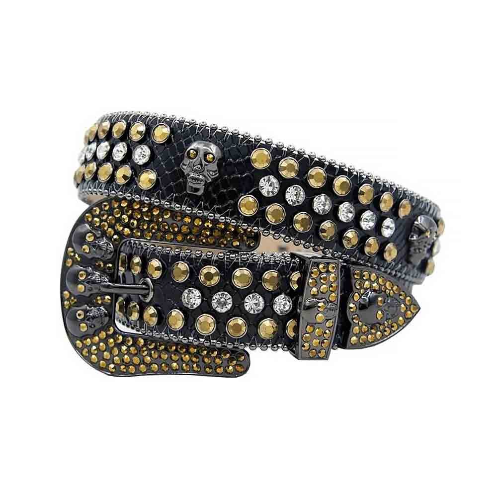 Unisex Black Leather Belt with Skulls Studded Gold and White Real Rhinestones & Classic Black Skull Buckle Add a touch of luxury and sparkle to your outfit with the Unisex Black Leather Belt from Real Rhinestone. Featuring a sleek Black leather strap, this stylish belt is adorned with Gold and White Color diamond rhinestones, creating a bold and glamorous look. The Black buckle, decorated with Gold and White crystal rhinestones, enhances the design with extra shine and sophistication. Designed for versatility and comfort, this belt is perfect for both casual and dressy occasions. Whether you're looking to complete a hip-hop-inspired outfit, make a statement at an event, or simply add some extra bling to your wardrobe, this belt is the perfect accessory. Its adjustable fit ensures all-day comfort, while the high-quality materials guarantee durability and long-lasting wear. Elevate your style effortlessly with the Unisex Black Leather Belt. Whether you're hitting the stage, going out with friends, or just upgrading your everyday look, this belt is a must-have. Order now from Real Rhinestone and bring some diamond-studded brilliance to your collection. Material: Premium Leather Rhinestone: Luxury Hand-Set High-Gloss Crystal Diamond Embellishments Buckle Type: Classic Horseshoe Zinc Buckle Set Featuring Engraved Design & Sparkling Rhinestones Width: 4cm (1.5 Inch) Style: Streetwear, Cowboy, Western, Partywear, Festivals & Performances, Fashion, Hip Hop, Bling, Diamond Belt Measurement: Please note that measurements may vary by 1-2 cm. Our belts are measured from the fold where the buckle is attached to the middle hole. For the best fit, we recommend measuring a belt you already own from the fold to the hole you use most frequently. Ideally, the belt should be worn on the third hole for optimal fit and comfort.