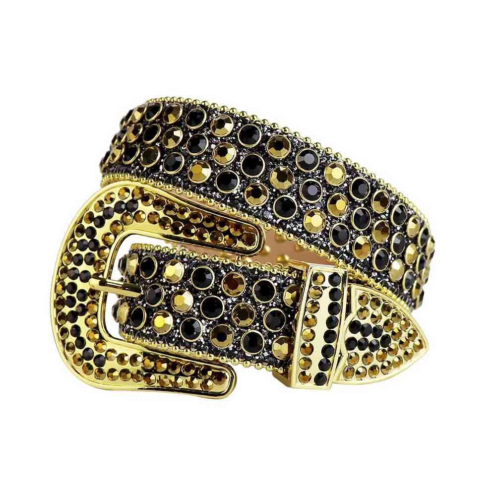 Unisex Black Leather Belt with Gold and Black Color Real Rhinestones & Classic Gold Buckle Add a touch of luxury and sparkle to your outfit with the Unisex Black Shimmer Leather Belt from Real Rhinestone. Featuring a sleek Black leather strap, this stylish belt is adorned with Gold and Black Color diamond rhinestones, creating a bold and glamorous look. The Gold buckle, decorated with Black and Gold crystal rhinestones, enhances the design with extra shine and sophistication. Designed for versatility and comfort, this belt is perfect for both casual and dressy occasions. Whether you're looking to complete a hip-hop-inspired outfit, make a statement at an event, or simply add some extra bling to your wardrobe, this belt is the perfect accessory. Its adjustable fit ensures all-day comfort, while the high-quality materials guarantee durability and long-lasting wear. Elevate your style effortlessly with the Unisex Black Shimmer Leather Belt. Whether you're hitting the stage, going out with friends, or just upgrading your everyday look, this belt is a must-have. Order now from Real Rhinestone and bring some diamond-studded brilliance to your collection. Material: Premium Leather Rhinestone: Luxury Hand-Set High-Gloss Crystal Diamond Embellishments Buckle Type: Classic Horseshoe Zinc Buckle Set Featuring Engraved Design & Sparkling Rhinestones Width: 4cm (1.5 Inch) Style: Streetwear, Cowboy, Western, Partywear, Festivals & Performances, Fashion, Hip Hop, Bling, Diamond Belt Measurement: Please note that measurements may vary by 1-2 cm. Our belts are measured from the fold where the buckle is attached to the middle hole. For the best fit, we recommend measuring a belt you already own from the fold to the hole you use most frequently. Ideally, the belt should be worn on the third hole for optimal fit and comfort.