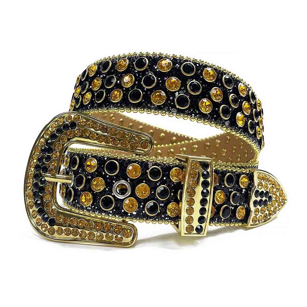 Unisex Black Leather Belt with Gold and Black Color Real Rhinestones & Classic Gold Buckle Add a touch of luxury and sparkle to your outfit with the Unisex Black Leather Belt from Real Rhinestone. Featuring a sleek black leather strap, this stylish belt is adorned with Gold and Black Color and  Gold diamond rhinestones, creating a bold and glamorous look. The Gold buckle, decorated with black crystal rhinestones, enhances the design with extra shine and sophistication. Designed for versatility and comfort, this belt is perfect for both casual and dressy occasions. Whether you're looking to complete a hip-hop-inspired outfit, make a statement at an event, or simply add some extra bling to your wardrobe, this belt is the perfect accessory. Its adjustable fit ensures all-day comfort, while the high-quality materials guarantee durability and long-lasting wear. Elevate your style effortlessly with the Unisex Gold and Black Color Leather Belt. Whether you're hitting the stage, going out with friends, or just upgrading your everyday look, this belt is a must-have. Order now from Real Rhinestone and bring some diamond-studded brilliance to your collection. Material: Premium Leather Rhinestone: Luxury Hand-Set High-Gloss Crystal Diamond Embellishments Buckle Type: Classic Horseshoe Zinc Buckle Set Featuring Engraved Design & Sparkling Rhinestones Width: 4cm (1.5 Inch) Style: Streetwear, Cowboy, Western, Partywear, Festivals & Performances, Fashion, Hip Hop, Bling, Diamond Belt Measurement: Please note that measurements may vary by 1-2 cm. Our belts are measured from the fold where the buckle is attached to the middle hole. For the best fit, we recommend measuring a belt you already own from the fold to the hole you use most frequently. Ideally, the belt should be worn on the third hole for optimal fit and comfort.