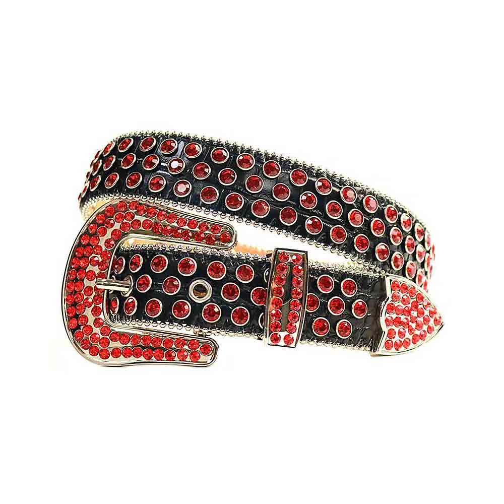 Unisex Black Leather Belt with Red Color Real Rhinestones & Classic Silver Buckle Add a touch of luxury and sparkle to your outfit with the Unisex Black Leather Belt from Real Rhinestone. Featuring a sleek Black leather strap, this stylish belt is adorned with Red diamond rhinestones, creating a bold and glamorous look. The Silver buckle, decorated with Red crystal rhinestones, enhances the design with extra shine and sophistication. Designed for versatility and comfort, this belt is perfect for both casual and dressy occasions. Whether you're looking to complete a hip-hop-inspired outfit, make a statement at an event, or simply add some extra bling to your wardrobe, this belt is the perfect accessory. Its adjustable fit ensures all-day comfort, while the high-quality materials guarantee durability and long-lasting wear. Elevate your style effortlessly with the Unisex Black Leather Belt. Whether you're hitting the stage, going out with friends, or just upgrading your everyday look, this belt is a must-have. Order now from Real Rhinestone and bring some diamond-studded brilliance to your collection. Material: Premium Leather Rhinestone: Luxury Hand-Set High-Gloss Crystal Diamond Embellishments Buckle Type: Classic Horseshoe Zinc Buckle Set Featuring Engraved Design & Sparkling Rhinestones Width: 4cm (1.5 Inch) Style: Streetwear, Cowboy, Western, Partywear, Festivals & Performances, Fashion, Hip Hop, Bling, Diamond Belt Measurement: Please note that measurements may vary by 1-2 cm. Our belts are measured from the fold where the buckle is attached to the middle hole. For the best fit, we recommend measuring a belt you already own from the fold to the hole you use most frequently. Ideally, the belt should be worn on the third hole for optimal fit and comfort.