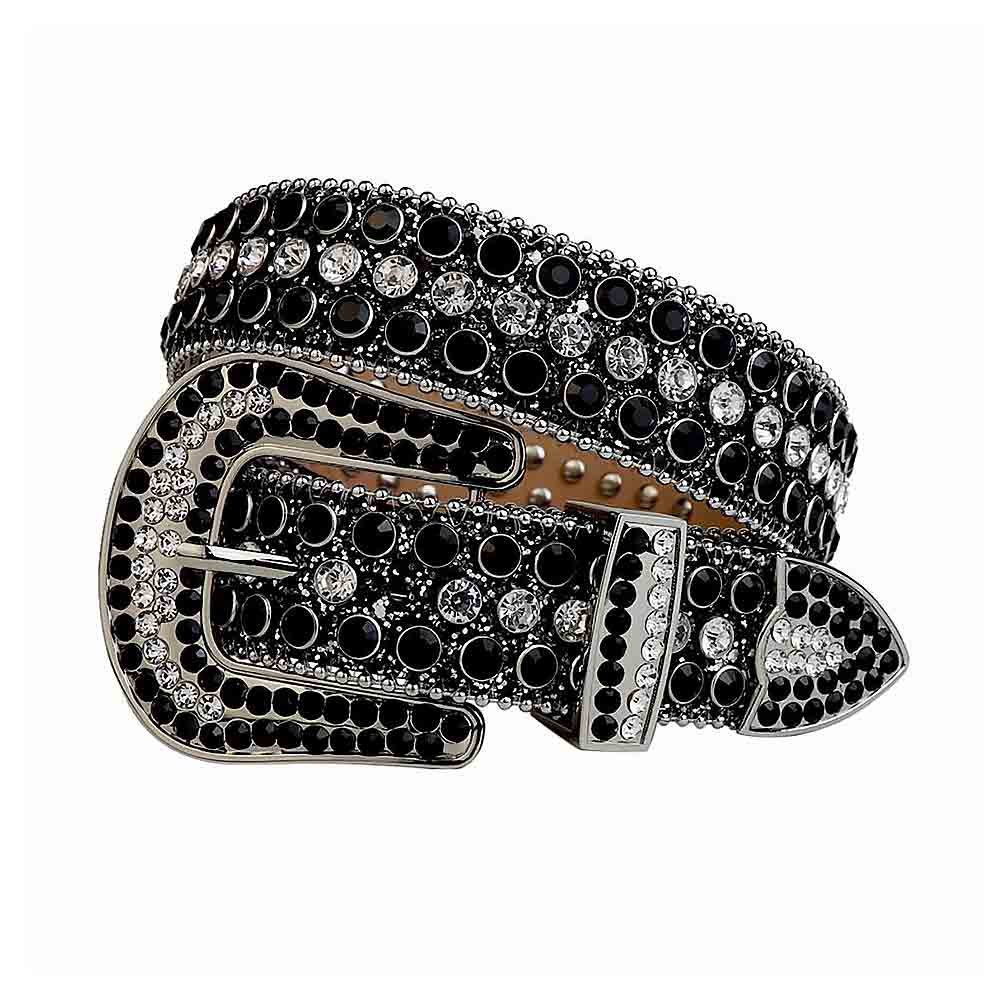 Unisex Black Leather Belt with White and Black Color Real Rhinestones & Classic Silver Buckle Add a touch of luxury and sparkle to your outfit with the Unisex Black Shimmer Leather Belt from Real Rhinestone. Featuring a sleek Black leather strap, this stylish belt is adorned with White and Black Color diamond rhinestones, creating a bold and glamorous look. The Silver buckle, decorated with Black and White crystal rhinestones, enhances the design with extra shine and sophistication. Designed for versatility and comfort, this belt is perfect for both casual and dressy occasions. Whether you're looking to complete a hip-hop-inspired outfit, make a statement at an event, or simply add some extra bling to your wardrobe, this belt is the perfect accessory. Its adjustable fit ensures all-day comfort, while the high-quality materials guarantee durability and long-lasting wear. Elevate your style effortlessly with the Unisex Black Shimmer Leather Belt. Whether you're hitting the stage, going out with friends, or just upgrading your everyday look, this belt is a must-have. Order now from Real Rhinestone and bring some diamond-studded brilliance to your collection. Material: Premium Leather Rhinestone: Luxury Hand-Set High-Gloss Crystal Diamond Embellishments Buckle Type: Classic Horseshoe Zinc Buckle Set Featuring Engraved Design & Sparkling Rhinestones Width: 4cm (1.5 Inch) Style: Streetwear, Cowboy, Western, Partywear, Festivals & Performances, Fashion, Hip Hop, Bling, Diamond Belt Measurement: Please note that measurements may vary by 1-2 cm. Our belts are measured from the fold where the buckle is attached to the middle hole. For the best fit, we recommend measuring a belt you already own from the fold to the hole you use most frequently. Ideally, the belt should be worn on the third hole for optimal fit and comfort.