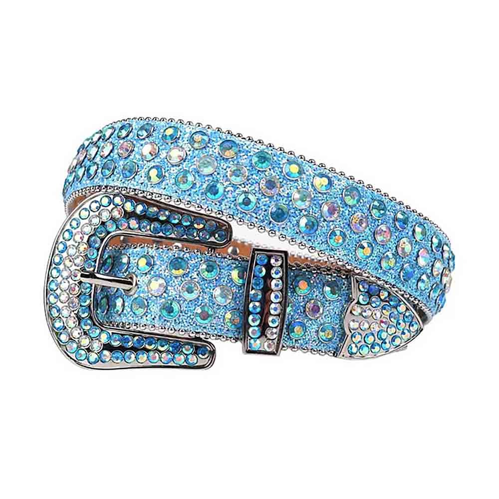 Unisex Blue Leather Belt with Iridescent and Blue Color Real Rhinestones & Classic Silver Buckle Add a touch of luxury and sparkle to your outfit with the Unisex Blue Shimmer Leather Belt from Real Rhinestone. Featuring a sleek Blue leather strap, this stylish belt is adorned with Iridescent and Blue Color diamond rhinestones, creating a bold and glamorous look. The Silver buckle, decorated with Iridescent and Blue crystal rhinestones, enhances the design with extra shine and sophistication. Designed for versatility and comfort, this belt is perfect for both casual and dressy occasions. Whether you're looking to complete a hip-hop-inspired outfit, make a statement at an event, or simply add some extra bling to your wardrobe, this belt is the perfect accessory. Its adjustable fit ensures all-day comfort, while the high-quality materials guarantee durability and long-lasting wear. Elevate your style effortlessly with the Unisex Blue Shimmer Leather Belt. Whether you're hitting the stage, going out with friends, or just upgrading your everyday look, this belt is a must-have. Order now from Real Rhinestone and bring some diamond-studded brilliance to your collection. Material: Premium Leather Rhinestone: Luxury Hand-Set High-Gloss Crystal Diamond Embellishments Buckle Type: Classic Horseshoe Zinc Buckle Set Featuring Engraved Design & Sparkling Rhinestones Width: 4cm (1.5 Inch) Style: Streetwear, Cowboy, Western, Partywear, Festivals & Performances, Fashion, Hip Hop, Bling, Diamond Belt Measurement: Please note that measurements may vary by 1-2 cm. Our belts are measured from the fold where the buckle is attached to the middle hole. For the best fit, we recommend measuring a belt you already own from the fold to the hole you use most frequently. Ideally, the belt should be worn on the third hole for optimal fit and comfort.