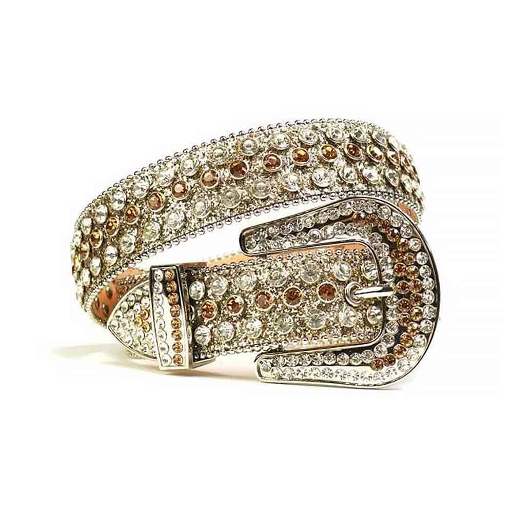 Unisex Champagne Gold Leather Belt with Gold and White Color Real Rhinestones & Classic Silver Buckle Add a touch of luxury and sparkle to your outfit with the Unisex Champagne Leather Belt from Real Rhinestone. Featuring a sleek champagne gold leather strap, this stylish belt is adorned with Champagne and White Color diamond rhinestones, creating a bold and glamorous look. The Silver buckle, decorated with Champagne gold and White crystal rhinestones, enhances the design with extra shine and sophistication. Designed for versatility and comfort, this belt is perfect for both casual and dressy occasions. Whether you're looking to complete a hip-hop-inspired outfit, make a statement at an event, or simply add some extra bling to your wardrobe, this belt is the perfect accessory. Its adjustable fit ensures all-day comfort, while the high-quality materials guarantee durability and long-lasting wear. Elevate your style effortlessly with the Unisex Champagne Gold Color Leather Belt. Whether you're hitting the stage, going out with friends, or just upgrading your everyday look, this belt is a must-have. Order now from Real Rhinestone and bring some diamond-studded brilliance to your collection. Material: Premium Leather Rhinestone: Luxury Hand-Set High-Gloss Crystal Diamond Embellishments Buckle Type: Classic Horseshoe Zinc Buckle Set Featuring Engraved Design & Sparkling Rhinestones Width: 4cm (1.5 Inch) Style: Streetwear, Cowboy, Western, Partywear, Festivals & Performances, Fashion, Hip Hop, Bling, Diamond Belt Measurement: Please note that measurements may vary by 1-2 cm. Our belts are measured from the fold where the buckle is attached to the middle hole. For the best fit, we recommend measuring a belt you already own from the fold to the hole you use most frequently. Ideally, the belt should be worn on the third hole for optimal fit and comfort.