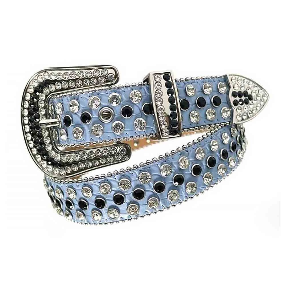 Unisex Blue Leather Belt with Black and White Color Real Rhinestones & Classic Silver Buckle Add a touch of luxury and sparkle to your outfit with the Unisex Blue Leather Belt from Real Rhinestone. Featuring a sleek blue leather strap, this stylish belt is adorned with Black and White Color diamond rhinestones, creating a bold and glamorous look. The Silver buckle, decorated with Black and White crystal rhinestones, enhances the design with extra shine and sophistication. Designed for versatility and comfort, this belt is perfect for both casual and dressy occasions. Whether you're looking to complete a hip-hop-inspired outfit, make a statement at an event, or simply add some extra bling to your wardrobe, this belt is the perfect accessory. Its adjustable fit ensures all-day comfort, while the high-quality materials guarantee durability and long-lasting wear. Elevate your style effortlessly with the Unisex Blue Color Leather Belt. Whether you're hitting the stage, going out with friends, or just upgrading your everyday look, this belt is a must-have. Order now from Real Rhinestone and bring some diamond-studded brilliance to your collection. Material: Premium Leather Rhinestone: Luxury Hand-Set High-Gloss Crystal Diamond Embellishments Buckle Type: Classic Horseshoe Zinc Buckle Set Featuring Engraved Design & Sparkling Rhinestones Width: 4cm (1.5 Inch) Style: Streetwear, Cowboy, Western, Partywear, Festivals & Performances, Fashion, Hip Hop, Bling, Diamond Belt Measurement: Please note that measurements may vary by 1-2 cm. Our belts are measured from the fold where the buckle is attached to the middle hole. For the best fit, we recommend measuring a belt you already own from the fold to the hole you use most frequently. Ideally, the belt should be worn on the third hole for optimal fit and comfort.