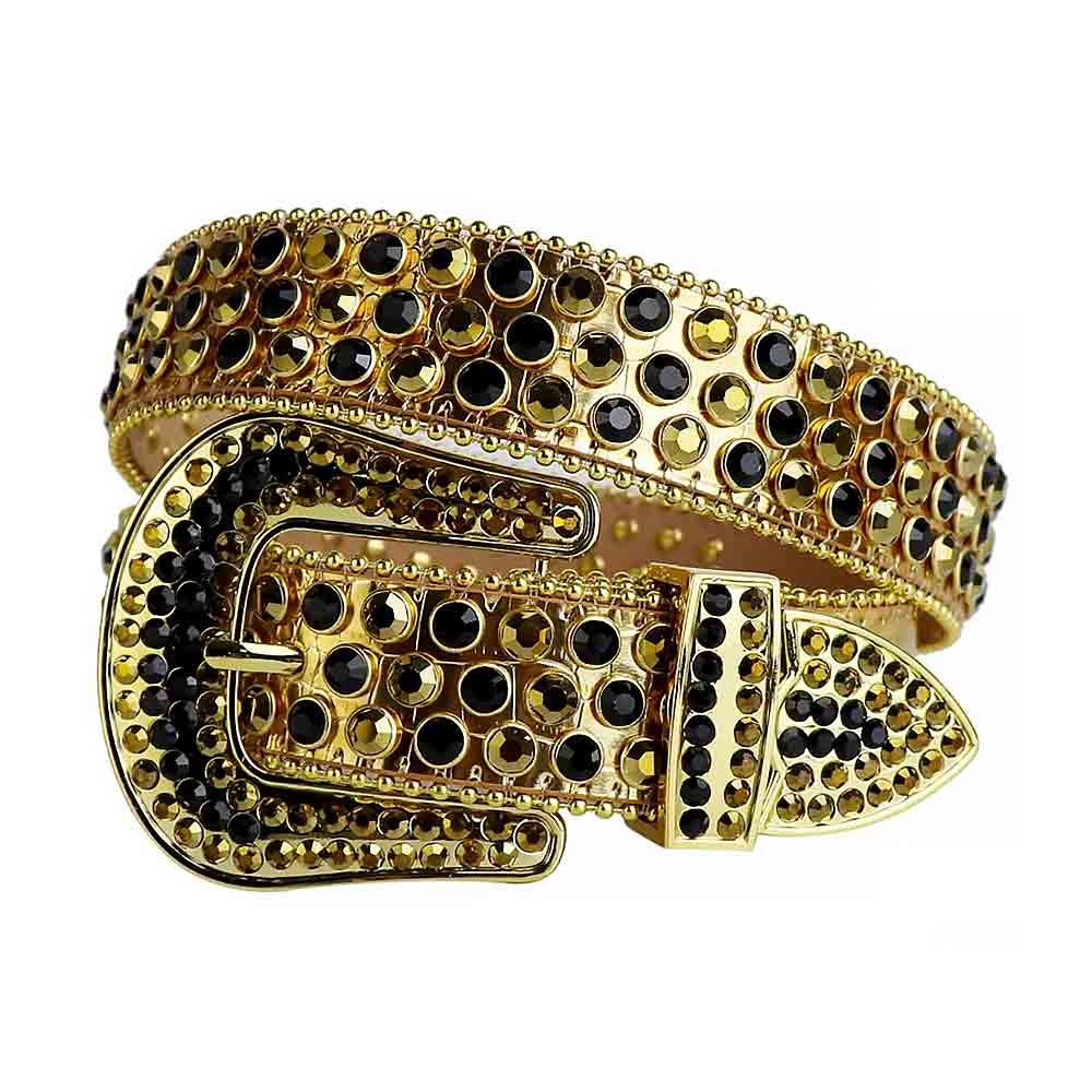 Unisex Gold Leather Belt with Gold and Black Color Real Rhinestones & Classic Silver Buckle Add a touch of luxury and sparkle to your outfit with the Unisex Black Leather Belt from Real Rhinestone. Featuring a sleek Gold leather strap, this stylish belt is adorned with Gold and Black Color diamond rhinestones, creating a bold and glamorous look. The Gold buckle, decorated with Black and Gold crystal rhinestones, enhances the design with extra shine and sophistication. Designed for versatility and comfort, this belt is perfect for both casual and dressy occasions. Whether you're looking to complete a hip-hop-inspired outfit, make a statement at an event, or simply add some extra bling to your wardrobe, this belt is the perfect accessory. Its adjustable fit ensures all-day comfort, while the high-quality materials guarantee durability and long-lasting wear. Elevate your style effortlessly with the Unisex Gold Leather Belt. Whether you're hitting the stage, going out with friends, or just upgrading your everyday look, this belt is a must-have. Order now from Real Rhinestone and bring some diamond-studded brilliance to your collection. Material: Premium Leather Rhinestone: Luxury Hand-Set High-Gloss Crystal Diamond Embellishments Buckle Type: Classic Horseshoe Zinc Buckle Set Featuring Engraved Design & Sparkling Rhinestones Width: 4cm (1.5 Inch) Style: Streetwear, Cowboy, Western, Partywear, Festivals & Performances, Fashion, Hip Hop, Bling, Diamond Belt Measurement: Please note that measurements may vary by 1-2 cm. Our belts are measured from the fold where the buckle is attached to the middle hole. For the best fit, we recommend measuring a belt you already own from the fold to the hole you use most frequently. Ideally, the belt should be worn on the third hole for optimal fit and comfort.