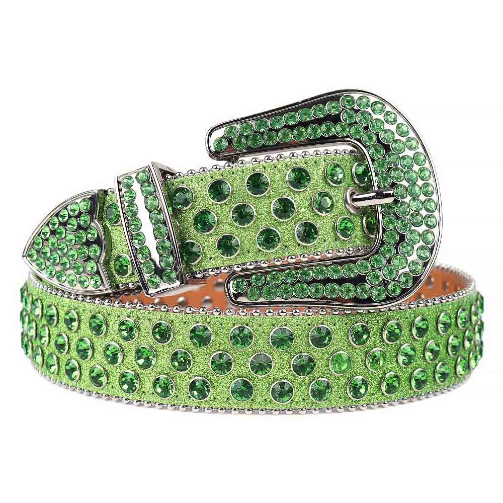 Unisex Green Leather Belt with Green Color Real Rhinestones & Classic Silver Buckle Add a touch of luxury and sparkle to your outfit with the Unisex Green Shimmer Leather Belt from Real Rhinestone. Featuring a sleek green leather strap, this stylish belt is adorned with Green Color diamond rhinestones, creating a bold and glamorous look. The Silver buckle, decorated with green crystal rhinestones, enhances the design with extra shine and sophistication. Designed for versatility and comfort, this belt is perfect for both casual and dressy occasions. Whether you're looking to complete a hip-hop-inspired outfit, make a statement at an event, or simply add some extra bling to your wardrobe, this belt is the perfect accessory. Its adjustable fit ensures all-day comfort, while the high-quality materials guarantee durability and long-lasting wear. Elevate your style effortlessly with the Unisex Green Shimmer Leather Belt. Whether you're hitting the stage, going out with friends, or just upgrading your everyday look, this belt is a must-have. Order now from Real Rhinestone and bring some diamond-studded brilliance to your collection. Material: Premium Leather Rhinestone: Luxury Hand-Set High-Gloss Crystal Diamond Embellishments Buckle Type: Classic Horseshoe Zinc Buckle Set Featuring Engraved Design & Sparkling Rhinestones Width: 4cm (1.5 Inch) Style: Streetwear, Cowboy, Western, Partywear, Festivals & Performances, Fashion, Hip Hop, Bling, Diamond Belt Measurement: Please note that measurements may vary by 1-2 cm. Our belts are measured from the fold where the buckle is attached to the middle hole. For the best fit, we recommend measuring a belt you already own from the fold to the hole you use most frequently. Ideally, the belt should be worn on the third hole for optimal fit and comfort.