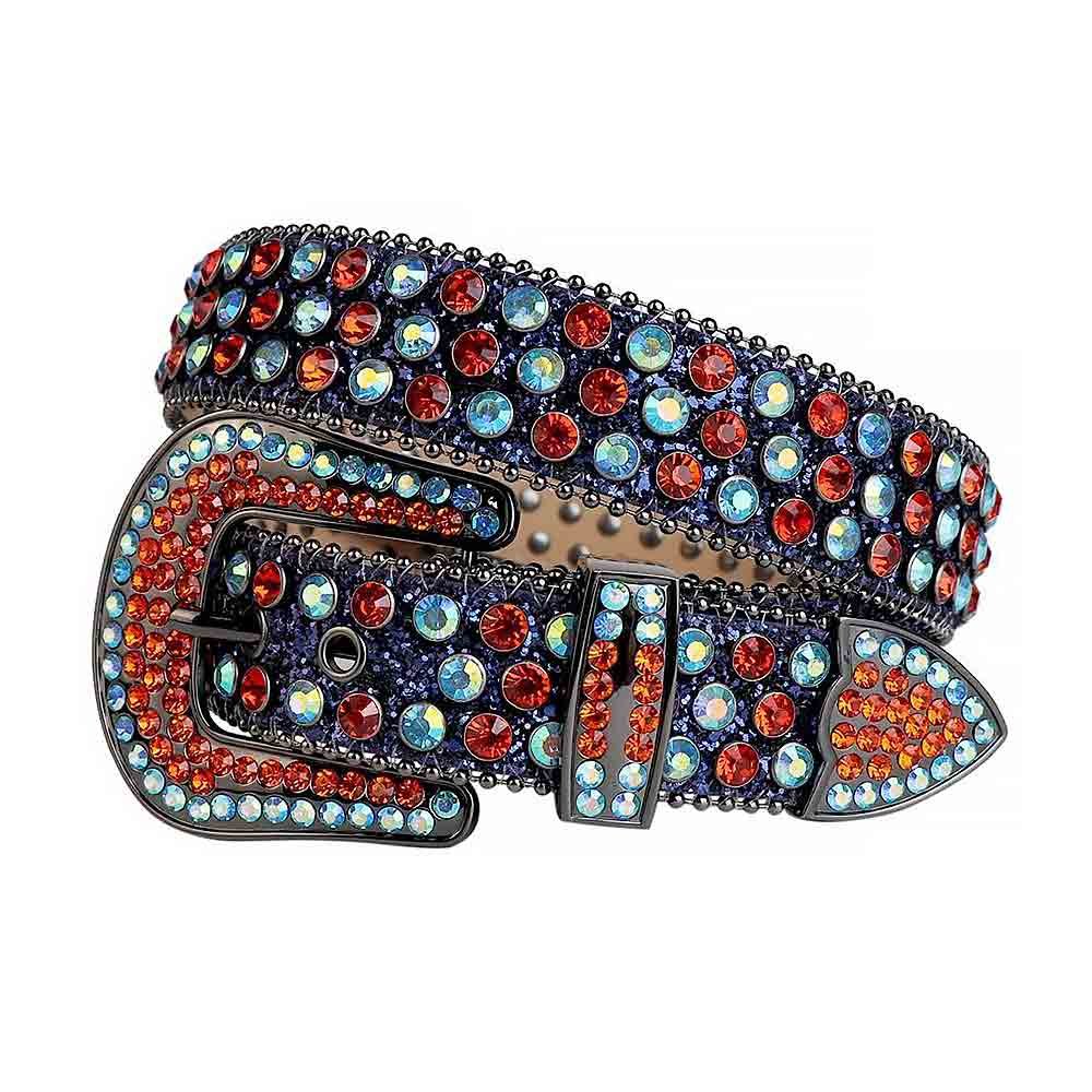 Unisex Navy Shimmer Leather Belt with Red and Blue Real Rhinestones & Gray Buckle Add a touch of luxury and sparkle to your outfit with the Unisex Navy Blue Shimmer Leather Belt from Real Rhinestone. Featuring a sleek Navy Blue Shimmer leather strap, this stylish belt is adorned with Red and Blue diamond rhinestones, creating a bold and glamorous look. The Gray buckle, decorated with Red and Blue crystal rhinestones, enhances the design with extra shine and sophistication. Designed for versatility and comfort, this belt is perfect for both casual and dressy occasions. Whether you're looking to complete a hip-hop-inspired outfit, make a statement at an event, or simply add some extra bling to your wardrobe, this belt is the perfect accessory. Its adjustable fit ensures all-day comfort, while the high-quality materials guarantee durability and long-lasting wear. Elevate your style effortlessly with the Unisex Navy Blue Shimmer Leather Belt. Whether you're hitting the stage, going out with friends, or just upgrading your everyday look, this belt is a must-have. Order now from Real Rhinestone and bring some diamond-studded brilliance to your collection. Material: Premium Leather Rhinestone: Luxury Hand-Set High-Gloss Crystal Diamond Embellishments Buckle Type: Classic Horseshoe Zinc Buckle Set Featuring Engraved Design & Sparkling Rhinestones Width: 4cm (1.5 Inch) Style: Streetwear, Cowboy, Western, Partywear, Festivals & Performances, Fashion, Hip Hop, Bling, Diamond Belt Measurement: Please note that measurements may vary by 1-2 cm. Our belts are measured from the fold where the buckle is attached to the middle hole. For the best fit, we recommend measuring a belt you already own from the fold to the hole you use most frequently. Ideally, the belt should be worn on the third hole for optimal fit and comfort.