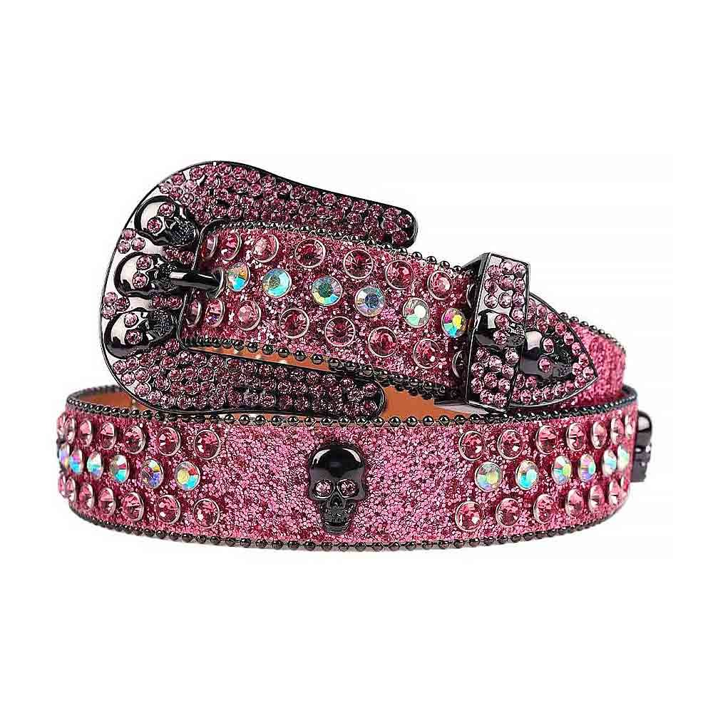 Unisex Pink Leather Belt with Pink And Multi Color Real Rhinestones & Classic Black Buckle Add a touch of luxury and sparkle to your outfit with the Unisex Pink Shimmer Leather Belt from Real Rhinestone. Featuring a sleek pink leather strap, this stylish belt is adorned with Pink And Multi Color diamond rhinestones, creating a bold and glamorous look. The Black buckle, decorated with Pink and multi crystal rhinestones, enhances the design with extra shine and sophistication. Designed for versatility and comfort, this belt is perfect for both casual and dressy occasions. Whether you're looking to complete a hip-hop-inspired outfit, make a statement at an event, or simply add some extra bling to your wardrobe, this belt is the perfect accessory. Its adjustable fit ensures all-day comfort, while the high-quality materials guarantee durability and long-lasting wear. Elevate your style effortlessly with the Unisex Pink Shimmer Leather Belt. Whether you're hitting the stage, going out with friends, or just upgrading your everyday look, this belt is a must-have. Order now from Real Rhinestone and bring some diamond-studded brilliance to your collection. Material: Premium Leather Rhinestone: Luxury Hand-Set High-Gloss Crystal Diamond Embellishments Buckle Type: Classic Horseshoe Zinc Buckle Set Featuring Engraved Design & Sparkling Rhinestones Width: 4cm (1.5 Inch) Style: Streetwear, Cowboy, Western, Partywear, Festivals & Performances, Fashion, Hip Hop, Bling, Diamond Belt Measurement: Please note that measurements may vary by 1-2 cm. Our belts are measured from the fold where the buckle is attached to the middle hole. For the best fit, we recommend measuring a belt you already own from the fold to the hole you use most frequently. Ideally, the belt should be worn on the third hole for optimal fit and comfort.