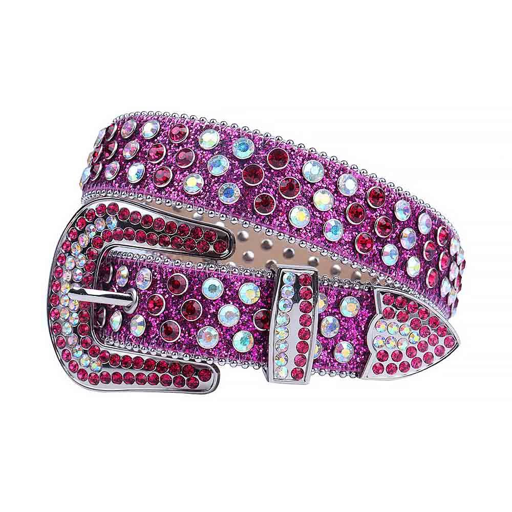 Unisex Purple Leather Belt Studded with Red and Multi white Rhinestones & Classic Silver Buckle Add a touch of luxury and sparkle to your outfit with the Unisex Purple Leather Belt from Real Rhinestone. Featuring a sleek Purple Shimmer leather strap, this stylish belt is adorned with Red and Multi white rhinestones, creating a bold and glamorous look. The Silver buckle, decorated with Red and Multi white color crystal rhinestones, enhances the design with extra shine and sophistication. Designed for versatility and comfort, this belt is perfect for both casual and dressy occasions. Whether you're looking to complete a hip-hop-inspired outfit, make a statement at an event, or simply add some extra bling to your wardrobe, this belt is the perfect accessory. Its adjustable fit ensures all-day comfort, while the high-quality materials guarantee durability and long-lasting wear. Elevate your style effortlessly with the Unisex Purple Leather Belt. Whether you're hitting the stage, going out with friends, or just upgrading your everyday look, this belt is a must-have. Order now from Real Rhinestone and bring some diamond-studded brilliance to your collection. Material: Premium Leather Rhinestone: Luxury Hand-Set High-Gloss Crystal Diamond Embellishments Buckle Type: Classic Horseshoe Zinc Buckle Set Featuring Engraved Design & Sparkling Rhinestones Width: 4cm (1.5 Inch) Style: Streetwear, Cowboy, Western, Partywear, Festivals & Performances, Fashion, Hip Hop, Bling, Diamond Belt Measurement: Please note that measurements may vary by 1-2 cm. Our belts are measured from the fold where the buckle is attached to the middle hole. For the best fit, we recommend measuring a belt you already own from the fold to the hole you use most frequently. Ideally, the belt should be worn on the third hole for optimal fit and comfort.