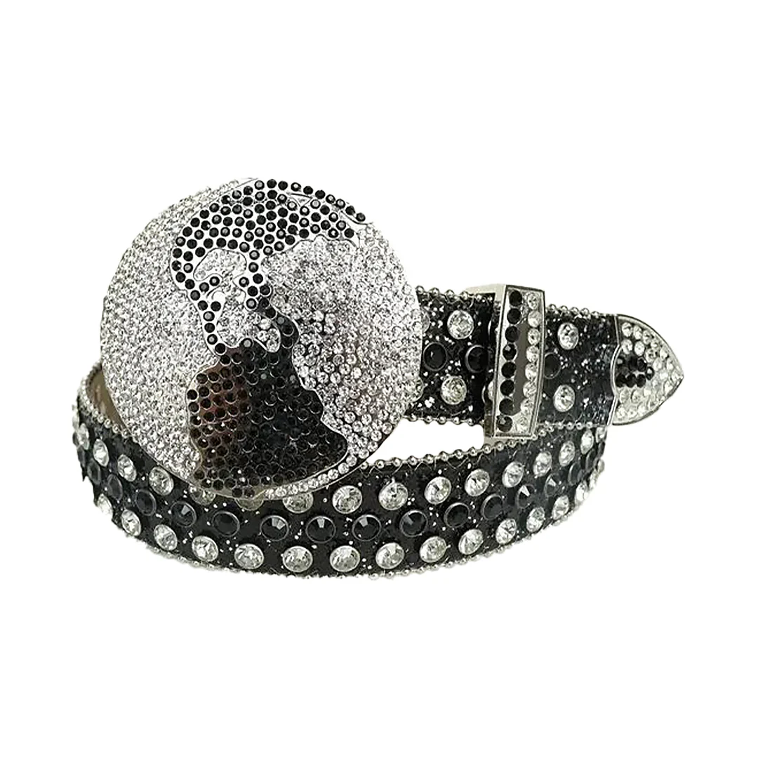 Black Globe Leather Belt with Studded Big Crystal White and Black Rhinestones & Gray Globe Buckle Add a touch of luxury and sparkle to your outfit with the Unisex Black Leather Belt from Real Rhinestone. Featuring a sleek Black leather strap, this stylish belt is adorned with Big silver and black rhinestones, creating a bold and glamorous look. The Gray buckle, decorated with Black and White color crystal rhinestones, enhances the design with extra shine and sophistication. Designed for versatility and comfort, this belt is perfect for both casual and dressy occasions. Whether you re looking to complete a hip-hop-inspired outfit, make a statement at an event, or simply add some extra bling to your wardrobe, this belt is the perfect accessory. Its adjustable fit ensures all-day comfort, while the high-quality materials guarantee durability and long-lasting wear. Elevate your style effortlessly with the Unisex Black Leather Belt. Whether you re hitting the stage, going out with friends, or just upgrading your everyday look, this belt is a must-have. Order now from Real Rhinestone and bring some diamond-studded brilliance to your collection. Material: Premium Leather Rhinestone: Luxury Hand-Set High-Gloss Crystal Diamond Embellishments Buckle Type: globe shaped, zinc alloy, with engraved design and sparkling rhinestones Width: 4cm (1.5 Inch) Style: Streetwear, Cowboy, Western, Partywear, Festivals & Performances, Fashion, Hip Hop, Bling, Diamond Belt Measurement: Please note that measurements may vary by 1-2 cm. Our belts are measured from the fold where the buckle is attached to the middle hole. For the best fit, we recommend measuring a belt you already own from the fold to the hole you use most frequently. Ideally, the belt should be worn on the third hole for optimal fit and comfort.