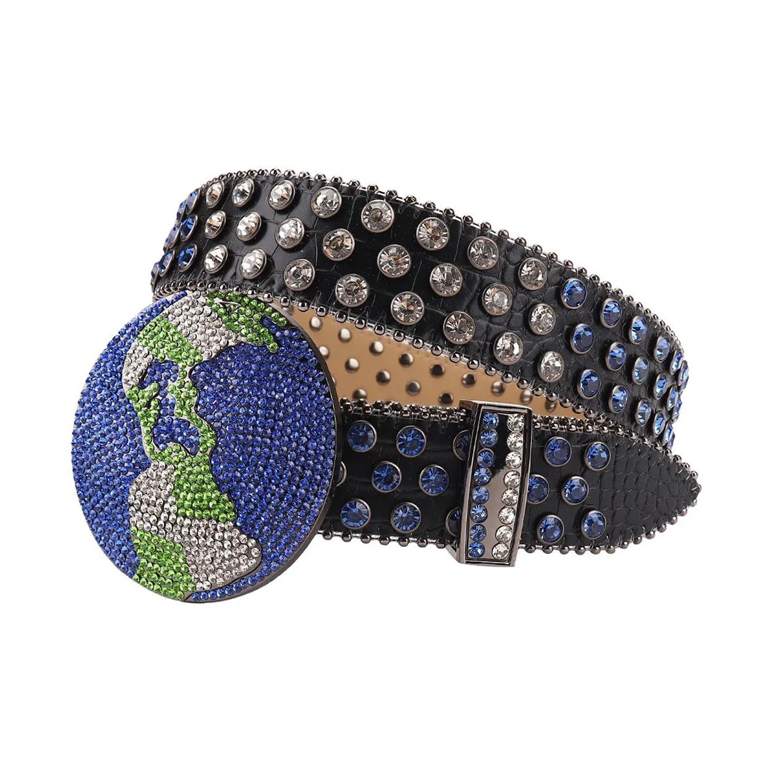 Blue and silver Globe Leather Strap with silver Crystal and Blue Studded Rhinestone Belt Add a touch of luxury and sparkle to your outfit with the Unisex black Leather Belt from Real Rhinestone. Featuring a sleek Black leather strap, this stylish belt is adorned with Big silver and blue rhinestones, creating a bold and glamorous look. The black buckle, decorated with Blue and silver color crystal rhinestones, enhances the design with extra shine and sophistication. Designed for versatility and comfort, this belt is perfect for both casual and dressy occasions. Whether you re looking to complete a hip-hop-inspired outfit, make a statement at an event, or simply add some extra bling to your wardrobe, this belt is the perfect accessory. Its adjustable fit ensures all-day comfort, while the high-quality materials guarantee durability and long-lasting wear. Elevate your style effortlessly with the Unisex Black Leather Belt. Whether you re hitting the stage, going out with friends, or just upgrading your everyday look, this belt is a must-have. Order now from Real Rhinestone and bring some diamond-studded brilliance to your collection. Material: Premium Leather Rhinestone: Luxury Hand-Set High-Gloss Crystal Diamond Embellishments Buckle Type: Classic globe Zinc Buckle Set Featuring Engraved Design & Sparkling Rhinestones Width: 4cm (1.5 Inch) Style: Streetwear, Cowboy, Western, Partywear, Festivals & Performances, Fashion, Hip Hop, Bling, Diamond Belt Measurement: Please note that measurements may vary by 1-2 cm. Our belts are measured from the fold where the buckle is attached to the middle hole. For the best fit, we recommend measuring a belt you already own from the fold to the hole you use most frequently. Ideally, the belt should be worn on the third hole for optimal fit and comfort.