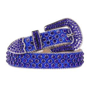 Unisex Royal Blue Shimmer Leather Belt with Blue Real Rhinestones & Silver Buckle Add a touch of luxury and sparkle to your outfit with the Unisex Blue Shimmer Leather Belt from Real Rhinestone. Featuring a sleek Blue Shimmer leather strap, this stylish belt is adorned with Royal Blue diamond rhinestones, creating a bold and glamorous look. The Silver buckle, decorated with Blue crystal rhinestones, enhances the design with extra shine and sophistication. Designed for versatility and comfort, this belt is perfect for both casual and dressy occasions. Whether you are looking to complete a hip-hop-inspired outfit, make a statement at an event, or simply add some extra bling to your wardrobe, this belt is the perfect accessory. Its adjustable fit ensures all-day comfort, while the high-quality materials guarantee durability and long-lasting wear. Elevate your style effortlessly with the Unisex Blue Shimmer Leather Belt. Whether you are hitting the stage, going out with friends, or just upgrading your everyday look, this belt is a must-have. Order now from Real Rhinestone and bring some diamond-studded brilliance to your collection. Material: Premium Leather Rhinestone: Luxury Hand-Set High-Gloss Crystal Diamond Embellishments Buckle Type: Classic Horseshoe Zinc Buckle Set Featuring Engraved Design & Sparkling Rhinestones Width: 4cm (1.5 Inch) Style: Streetwear, Cowboy, Western, Partywear, Festivals & Performances, Fashion, Hip Hop, Bling, Diamond Belt Measurement: Please note that measurements may vary by 1-2 cm. Our belts are measured from the fold where the buckle is attached to the middle hole. For the best fit, we recommend measuring a belt you already own from the fold to the hole you use most frequently. Ideally, the belt should be worn on the third hole for optimal fit and comfort.