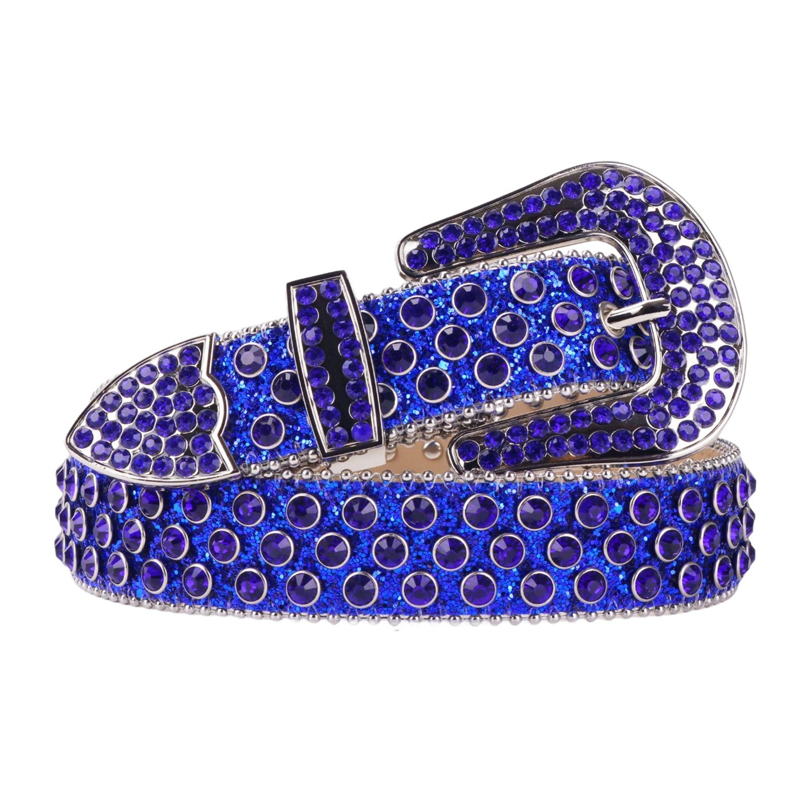 Unisex Royal Blue Shimmer Leather Belt with Blue Real Rhinestones & Silver Buckle Add a touch of luxury and sparkle to your outfit with the Unisex Blue Shimmer Leather Belt from Real Rhinestone. Featuring a sleek Blue Shimmer leather strap, this stylish belt is adorned with Royal Blue diamond rhinestones, creating a bold and glamorous look. The Silver buckle, decorated with Blue crystal rhinestones, enhances the design with extra shine and sophistication. Designed for versatility and comfort, this belt is perfect for both casual and dressy occasions. Whether you are looking to complete a hip-hop-inspired outfit, make a statement at an event, or simply add some extra bling to your wardrobe, this belt is the perfect accessory. Its adjustable fit ensures all-day comfort, while the high-quality materials guarantee durability and long-lasting wear. Elevate your style effortlessly with the Unisex Blue Shimmer Leather Belt. Whether you are hitting the stage, going out with friends, or just upgrading your everyday look, this belt is a must-have. Order now from Real Rhinestone and bring some diamond-studded brilliance to your collection. Material: Premium Leather Rhinestone: Luxury Hand-Set High-Gloss Crystal Diamond Embellishments Buckle Type: Classic Horseshoe Zinc Buckle Set Featuring Engraved Design & Sparkling Rhinestones Width: 4cm (1.5 Inch) Style: Streetwear, Cowboy, Western, Partywear, Festivals & Performances, Fashion, Hip Hop, Bling, Diamond Belt Measurement: Please note that measurements may vary by 1-2 cm. Our belts are measured from the fold where the buckle is attached to the middle hole. For the best fit, we recommend measuring a belt you already own from the fold to the hole you use most frequently. Ideally, the belt should be worn on the third hole for optimal fit and comfort.