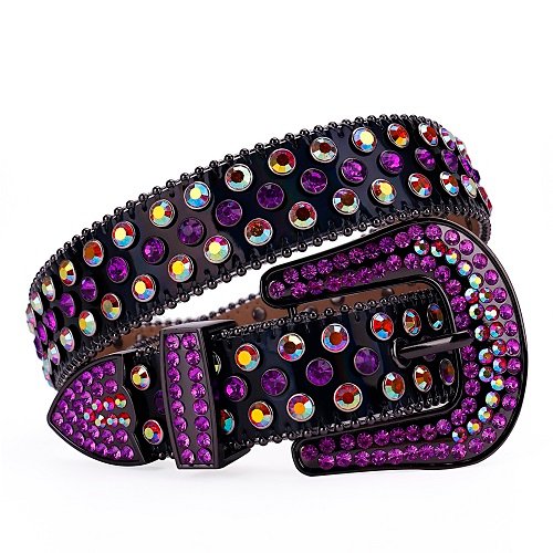 Unisex Black Leather Belt with Purple and Multicolor Real Rhinestones & Classic Black Buckle Add a touch of luxury and sparkle to your outfit with the Unisex Black Leather Belt from Real Rhinestone. Featuring a sleek black leather strap, this stylish belt is adorned with Purple and Multicolor rhinestones, creating a bold and glamorous look. The Black buckle, decorated with Purple and Multicolor crystal rhinestones, enhances the design with extra shine and sophistication. Designed for versatility and comfort, this belt is perfect for both casual and dressy occasions. Whether you are looking to complete a hip-hop-inspired outfit, make a statement at an event, or simply add some extra bling to your wardrobe, this belt is the perfect accessory. Its adjustable fit ensures all-day comfort, while the high-quality materials guarantee durability and long-lasting wear. Elevate your style effortlessly with the Unisex Black Leather Belt. Whether you are hitting the stage, going out with friends, or just upgrading your everyday look, this belt is a must-have. Order now from Real Rhinestone and bring some diamond-studded brilliance to your collection. Material: Premium Leather Rhinestone: Luxury Hand-Set High-Gloss Crystal Diamond Embellishments Buckle Type: Classic Horseshoe Zinc Buckle Set Featuring Engraved Design & Sparkling Rhinestones Width: 4cm (1.5 Inch) Style: Streetwear, Cowboy, Western, Partywear, Festivals & Performances, Fashion, Hip Hop, Bling, Diamond Belt Measurement: Please note that measurements may vary by 1-2 cm. Our belts are measured from the fold where the buckle is attached to the middle hole. For the best fit, we recommend measuring a belt you already own from the fold to the hole you use most frequently. Ideally, the belt should be worn on the third hole for optimal fit and comfort.