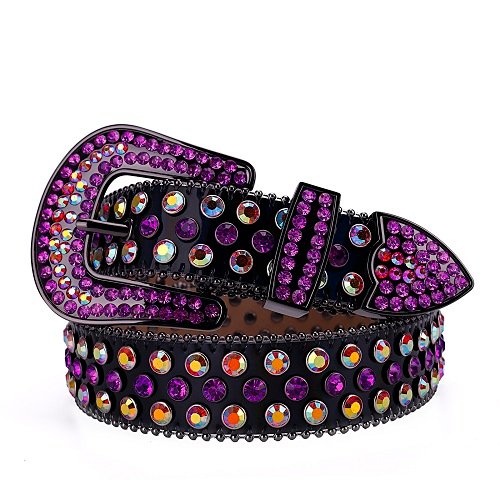 Unisex Black Leather Belt with Purple and Multicolor Real Rhinestones & Classic Black Buckle Add a touch of luxury and sparkle to your outfit with the Unisex Black Leather Belt from Real Rhinestone. Featuring a sleek black leather strap, this stylish belt is adorned with Purple and Multicolor rhinestones, creating a bold and glamorous look. The Black buckle, decorated with Purple and Multicolor crystal rhinestones, enhances the design with extra shine and sophistication. Designed for versatility and comfort, this belt is perfect for both casual and dressy occasions. Whether you are looking to complete a hip-hop-inspired outfit, make a statement at an event, or simply add some extra bling to your wardrobe, this belt is the perfect accessory. Its adjustable fit ensures all-day comfort, while the high-quality materials guarantee durability and long-lasting wear. Elevate your style effortlessly with the Unisex Black Leather Belt. Whether you are hitting the stage, going out with friends, or just upgrading your everyday look, this belt is a must-have. Order now from Real Rhinestone and bring some diamond-studded brilliance to your collection. Material: Premium Leather Rhinestone: Luxury Hand-Set High-Gloss Crystal Diamond Embellishments Buckle Type: Classic Horseshoe Zinc Buckle Set Featuring Engraved Design & Sparkling Rhinestones Width: 4cm (1.5 Inch) Style: Streetwear, Cowboy, Western, Partywear, Festivals & Performances, Fashion, Hip Hop, Bling, Diamond Belt Measurement: Please note that measurements may vary by 1-2 cm. Our belts are measured from the fold where the buckle is attached to the middle hole. For the best fit, we recommend measuring a belt you already own from the fold to the hole you use most fr