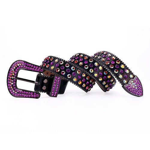 Unisex Black Leather Belt with Purple and Multicolor Real Rhinestones & Classic Black Buckle Add a touch of luxury and sparkle to your outfit with the Unisex Black Leather Belt from Real Rhinestone. Featuring a sleek black leather strap, this stylish belt is adorned with Purple and Multicolor rhinestones, creating a bold and glamorous look. The Black buckle, decorated with Purple and Multicolor crystal rhinestones, enhances the design with extra shine and sophistication. Designed for versatility and comfort, this belt is perfect for both casual and dressy occasions. Whether you are looking to complete a hip-hop-inspired outfit, make a statement at an event, or simply add some extra bling to your wardrobe, this belt is the perfect accessory. Its adjustable fit ensures all-day comfort, while the high-quality materials guarantee durability and long-lasting wear. Elevate your style effortlessly with the Unisex Black Leather Belt. Whether you are hitting the stage, going out with friends, or just upgrading your everyday look, this belt is a must-have. Order now from Real Rhinestone and bring some diamond-studded brilliance to your collection. Material: Premium Leather Rhinestone: Luxury Hand-Set High-Gloss Crystal Diamond Embellishments Buckle Type: Classic Horseshoe Zinc Buckle Set Featuring Engraved Design & Sparkling Rhinestones Width: 4cm (1.5 Inch) Style: Streetwear, Cowboy, Western, Partywear, Festivals & Performances, Fashion, Hip Hop, Bling, Diamond Belt Measurement: Please note that measurements may vary by 1-2 cm. Our belts are measured from the fold where the buckle is attached to the middle hole. For the best fit, we recommend measuring a belt you already own from the fold to the hole you use most fr
