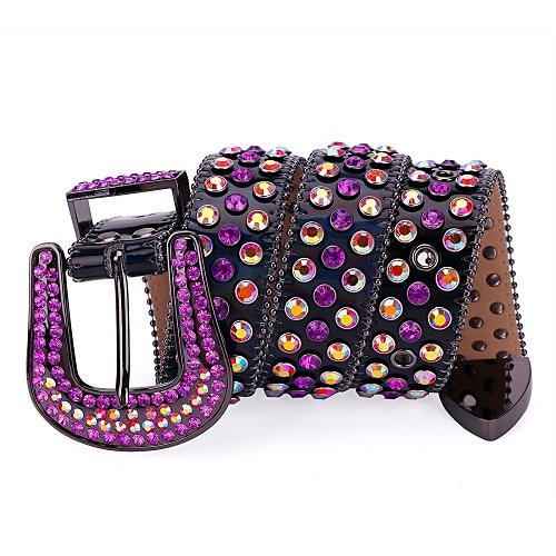 Unisex Black Leather Belt with Purple and Multicolor Real Rhinestones & Classic Black Buckle Add a touch of luxury and sparkle to your outfit with the Unisex Black Leather Belt from Real Rhinestone. Featuring a sleek black leather strap, this stylish belt is adorned with Purple and Multicolor rhinestones, creating a bold and glamorous look. The Black buckle, decorated with Purple and Multicolor crystal rhinestones, enhances the design with extra shine and sophistication. Designed for versatility and comfort, this belt is perfect for both casual and dressy occasions. Whether you are looking to complete a hip-hop-inspired outfit, make a statement at an event, or simply add some extra bling to your wardrobe, this belt is the perfect accessory. Its adjustable fit ensures all-day comfort, while the high-quality materials guarantee durability and long-lasting wear. Elevate your style effortlessly with the Unisex Black Leather Belt. Whether you are hitting the stage, going out with friends, or just upgrading your everyday look, this belt is a must-have. Order now from Real Rhinestone and bring some diamond-studded brilliance to your collection. Material: Premium Leather Rhinestone: Luxury Hand-Set High-Gloss Crystal Diamond Embellishments Buckle Type: Classic Horseshoe Zinc Buckle Set Featuring Engraved Design & Sparkling Rhinestones Width: 4cm (1.5 Inch) Style: Streetwear, Cowboy, Western, Partywear, Festivals & Performances, Fashion, Hip Hop, Bling, Diamond Belt Measurement: Please note that measurements may vary by 1-2 cm. Our belts are measured from the fold where the buckle is attached to the middle hole. For the best fit, we recommend measuring a belt you already own from the fold to the hole you use most fr