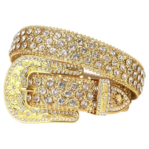 Unisex Gold Leather Belt with Gold and White Real Rhinestones & Classic Gold Buckle Add a touch of luxury and sparkle to your outfit with the Unisex Gold Leather Belt from Real Rhinestone. Featuring a sleek gold leather strap, this stylish belt is adorned with white rhinestones, creating a bold and glamorous look. The Gold buckle, decorated with White crystal rhinestones, enhances the design with extra shine and sophistication. Designed for versatility and comfort, this belt is perfect for both casual and dressy occasions. Whether you are looking to complete a hip-hop-inspired outfit, make a statement at an event, or simply add some extra bling to your wardrobe, this belt is the perfect accessory. Its adjustable fit ensures all-day comfort, while the high-quality materials guarantee durability and long-lasting wear. Elevate your style effortlessly with the Unisex Gold Leather Belt. Whether you are hitting the stage, going out with friends, or just upgrading your everyday look, this belt is a must-have. Order now from Real Rhinestone and bring some diamond-studded brilliance to your collection. Material: Premium Leather Rhinestone: Luxury Hand-Set High-Gloss Crystal Diamond Embellishments Buckle Type: Classic Horseshoe Zinc Buckle Set Featuring Engraved Design & Sparkling Rhinestones Width: 4cm (1.5 Inch) Style: Streetwear, Cowboy, Western, Partywear, Festivals & Performances, Fashion, Hip Hop, Bling, Diamond Belt Measurement: Please note that measurements may vary by 1-2 cm. Our belts are measured from the fold where the buckle is attached to the middle hole. For the best fit, we recommend measuring a belt you already own from the fold to the hole you use most frequently. Ideally, the belt should be worn on the third hole for optimal fit and comfort.