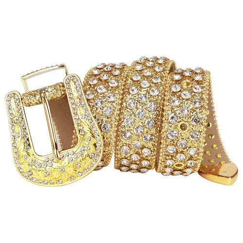 Unisex Gold Leather Belt with Gold and White Real Rhinestones & Classic Gold Buckle Add a touch of luxury and sparkle to your outfit with the Unisex Gold Leather Belt from Real Rhinestone. Featuring a sleek gold leather strap, this stylish belt is adorned with white rhinestones, creating a bold and glamorous look. The Gold buckle, decorated with White crystal rhinestones, enhances the design with extra shine and sophistication. Designed for versatility and comfort, this belt is perfect for both casual and dressy occasions. Whether you are looking to complete a hip-hop-inspired outfit, make a statement at an event, or simply add some extra bling to your wardrobe, this belt is the perfect accessory. Its adjustable fit ensures all-day comfort, while the high-quality materials guarantee durability and long-lasting wear. Elevate your style effortlessly with the Unisex Gold Leather Belt. Whether you are hitting the stage, going out with friends, or just upgrading your everyday look, this belt is a must-have. Order now from Real Rhinestone and bring some diamond-studded brilliance to your collection. Material: Premium Leather Rhinestone: Luxury Hand-Set High-Gloss Crystal Diamond Embellishments Buckle Type: Classic Horseshoe Zinc Buckle Set Featuring Engraved Design & Sparkling Rhinestones Width: 4cm (1.5 Inch) Style: Streetwear, Cowboy, Western, Partywear, Festivals & Performances, Fashion, Hip Hop, Bling, Diamond Belt Measurement: Please note that measurements may vary by 1-2 cm. Our belts are measured from the fold where the buckle is attached to the middle hole. For the best fit, we recommend measuring a belt you already own from the fold to the hole you use most frequently. Ideally, the belt should be worn on the third hole for optimal fit and comfort.