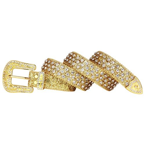 Unisex Gold Leather Belt with Gold and White Real Rhinestones & Classic Gold Buckle Add a touch of luxury and sparkle to your outfit with the Unisex Gold Leather Belt from Real Rhinestone. Featuring a sleek gold leather strap, this stylish belt is adorned with white rhinestones, creating a bold and glamorous look. The Gold buckle, decorated with White crystal rhinestones, enhances the design with extra shine and sophistication. Designed for versatility and comfort, this belt is perfect for both casual and dressy occasions. Whether you are looking to complete a hip-hop-inspired outfit, make a statement at an event, or simply add some extra bling to your wardrobe, this belt is the perfect accessory. Its adjustable fit ensures all-day comfort, while the high-quality materials guarantee durability and long-lasting wear. Elevate your style effortlessly with the Unisex Gold Leather Belt. Whether you are hitting the stage, going out with friends, or just upgrading your everyday look, this belt is a must-have. Order now from Real Rhinestone and bring some diamond-studded brilliance to your collection. Material: Premium Leather Rhinestone: Luxury Hand-Set High-Gloss Crystal Diamond Embellishments Buckle Type: Classic Horseshoe Zinc Buckle Set Featuring Engraved Design & Sparkling Rhinestones Width: 4cm (1.5 Inch) Style: Streetwear, Cowboy, Western, Partywear, Festivals & Performances, Fashion, Hip Hop, Bling, Diamond Belt Measurement: Please note that measurements may vary by 1-2 cm. Our belts are measured from the fold where the buckle is attached to the middle hole. For the best fit, we recommend measuring a belt you already own from the fold to the hole you use most frequently. Ideally, the belt should be worn on the third hole for optimal fit and comfort.
