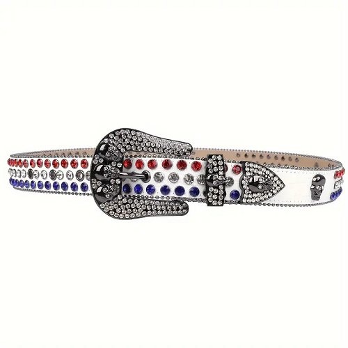 Unisex White Leather Belt with Skulls Studded All Red, Blue and White Real Rhinestones & Classic Gray Skull Buckle Add a touch of luxury and sparkle to your outfit with the Unisex White Leather Belt from Real Rhinestone. Featuring a sleek White leather strap, this stylish belt is adorned with Red, Blue and White Color diamond rhinestones, creating a bold and glamorous look. The Gray buckle, silver crystal rhinestones, enhances the design with extra shine and sophistication. Designed for versatility and comfort, this belt is perfect for both casual and dressy occasions. Whether you are looking to complete a hip-hop-inspired outfit, make a statement at an event, or simply add some extra bling to your wardrobe, this belt is the perfect accessory. Its adjustable fit ensures all-day comfort, while the high-quality materials guarantee durability and long-lasting wear. Elevate your style effortlessly with the Unisex White Leather Belt. Whether you are hitting the stage, going out with friends, or just upgrading your everyday look, this belt is a must-have. Order now from Real Rhinestone and bring some diamond-studded brilliance to your collection. Material: Premium Leather Rhinestone: Luxury Hand-Set High-Gloss Crystal Diamond Embellishments Buckle Type: Classic Horseshoe And Skull Zinc Buckle Set Featuring Engraved Design & Sparkling Rhinestones Width: 4cm (1.5 Inch) Style: Streetwear, Cowboy, Western, Partywear, Festivals & Performances, Fashion, Hip Hop, Bling, Diamond Belt Measurement: Please note that measurements may vary by 1-2 cm. Our belts are measured from the fold where the buckle is attached to the middle hole. For the best fit, we recommend measuring a belt you already own from the fold to the hole you use most frequently. Ideally, the belt should be worn on the third hole for optimal fit and comfort.