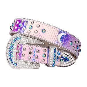 Unisex Purple Shiny Leather Strap with Moon Studded All Silver Metal and Purple Rhinestone Belt & Classic Silver Buckle Add a touch of luxury and sparkle to your outfit with the Unisex Purple Leather Belt from Real Rhinestone. Featuring a sleek Purple leather strap, this stylish belt is adorned with purple Color diamond rhinestones, creating a bold and glamorous look. The Silver buckle, decorated with Metal and purple crystal rhinestones, enhances the design with extra shine and sophistication. Designed for versatility and comfort, this belt is perfect for both casual and dressy occasions. Whether you are looking to complete a hip-hop-inspired outfit, make a statement at an event, or simply add some extra bling to your wardrobe, this belt is the perfect accessory. Its adjustable fit ensures all-day comfort, while the high-quality materials guarantee durability and long-lasting wear. Elevate your style effortlessly with the Unisex Purple Shiny Leather Belt. Whether you are hitting the stage, going out with friends, or just upgrading your everyday look, this belt is a must-have. Order now from Real Rhinestone and bring some diamond-studded brilliance to your collection. Material: Premium Leather Rhinestone: Luxury Hand-Set High-Gloss Crystal Diamond Embellishments Buckle Type: Classic Horseshoe Zinc Buckle Set Featuring Engraved Design & Sparkling Rhinestones Width: 4cm (1.5 Inch) Style: Streetwear, Cowboy, Western, Partywear, Festivals & Performances, Fashion, Hip Hop, Bling, Diamond Belt Measurement: Please note that measurements may vary by 1-2 cm. Our belts are measured from the fold where the buckle is attached to the middle hole. For the best fit, we recommend measuring a belt you already own from the fold to the hole you use most frequently. Ideally, the belt should be worn on the third hole for optimal fit and comfort.