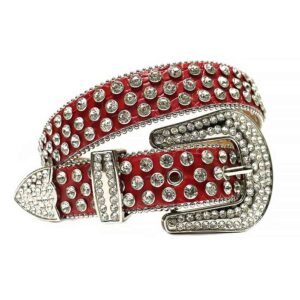 Unisex Red Leather Belt with White Real Rhinestones & Classic Silver Buckle Add a touch of luxury and sparkle to your outfit with the Unisex White Leather Belt from Real Rhinestone. Featuring a sleek red leather strap, this stylish belt is adorned with White diamond rhinestones, creating a bold and glamorous look. The Silver buckle, decorated with White crystal rhinestones, enhances the design with extra shine and sophistication. Designed for versatility and comfort, this belt is perfect for both casual and dressy occasions. Whether you're looking to complete a hip-hop-inspired outfit, make a statement at an event, or simply add some extra bling to your wardrobe, this belt is the perfect accessory. Its adjustable fit ensures all-day comfort, while the high-quality materials guarantee durability and long-lasting wear. Elevate your style effortlessly with the Unisex Red Leather Belt. Whether you're hitting the stage, going out with friends, or just upgrading your everyday look, this belt is a must-have. Order now from Real Rhinestone and bring some diamond-studded brilliance to your collection. Material: Premium Leather Rhinestone: Luxury Hand-Set High-Gloss Crystal Diamond Embellishments Buckle Type: Classic Horseshoe Zinc Buckle Set Featuring Engraved Design & Sparkling Rhinestones Width: 4cm (1.5 Inch) Style: Streetwear, Cowboy, Western, Partywear, Festivals & Performances, Fashion, Hip Hop, Bling, Diamond Belt Measurement: Please note that measurements may vary by 1-2 cm. Our belts are measured from the fold where the buckle is attached to the middle hole. For the best fit, we recommend measuring a belt you already own from the fold to the hole you use most frequently. Ideally, the belt should be worn on the third hole for optimal fit and comfort.