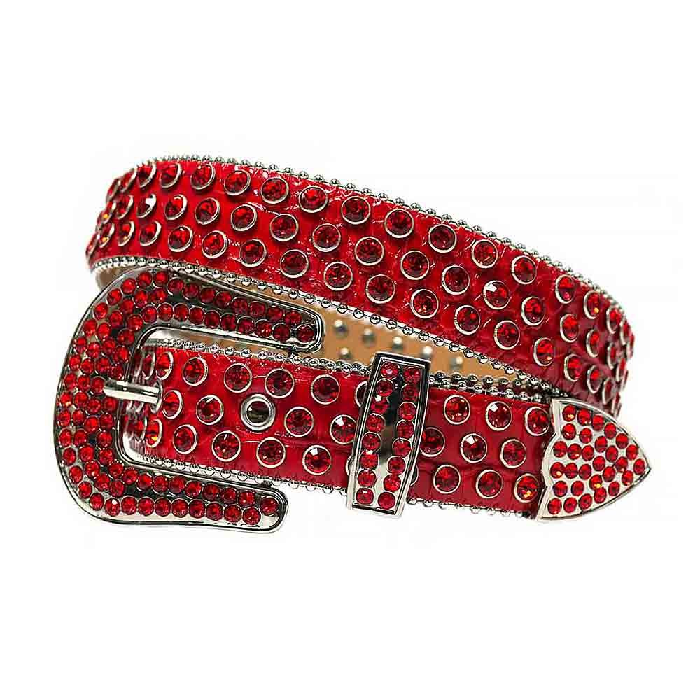 Unisex Red Leather Belt with Red Color Real Rhinestones & Classic Silver Buckle Add a touch of luxury and sparkle to your outfit with the Unisex Red Leather Belt from Real Rhinestone. Featuring a sleek red leather strap, this stylish belt is adorned with Red  diamond rhinestones, creating a bold and glamorous look. The Silver buckle, decorated with red crystal rhinestones, enhances the design with extra shine and sophistication. Designed for versatility and comfort, this belt is perfect for both casual and dressy occasions. Whether you're looking to complete a hip-hop-inspired outfit, make a statement at an event, or simply add some extra bling to your wardrobe, this belt is the perfect accessory. Its adjustable fit ensures all-day comfort, while the high-quality materials guarantee durability and long-lasting wear. Elevate your style effortlessly with the Unisex Red Color Leather Belt. Whether you're hitting the stage, going out with friends, or just upgrading your everyday look, this belt is a must-have. Order now from Real Rhinestone and bring some diamond-studded brilliance to your collection. Material: Premium Leather Rhinestone: Luxury Hand-Set High-Gloss Crystal Diamond Embellishments Buckle Type: Classic Horseshoe Zinc Buckle Set Featuring Engraved Design & Sparkling Rhinestones Width: 4cm (1.5 Inch) Style: Streetwear, Cowboy, Western, Partywear, Festivals & Performances, Fashion, Hip Hop, Bling, Diamond Belt Measurement: Please note that measurements may vary by 1-2 cm. Our belts are measured from the fold where the buckle is attached to the middle hole. For the best fit, we recommend measuring a belt you already own from the fold to the hole you use most frequently. Ideally, the belt should be worn on the third hole for optimal fit and comfort.