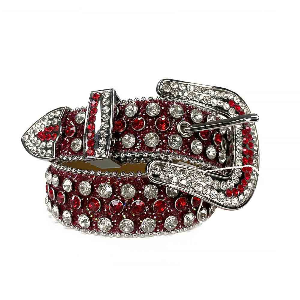 Unisex Red Leather Belt with White and Red Color Real Rhinestones & Classic Silver Buckle Add a touch of luxury and sparkle to your outfit with the Unisex Red Leather Belt from Real Rhinestone. Featuring a sleek Red leather strap, this stylish belt is adorned with Red Color and diamond white rhinestones, creating a bold and glamorous look. The Silver buckle, decorated with white crystal rhinestones, enhances the design with extra shine and sophistication. Designed for versatility and comfort, this belt is perfect for both casual and dressy occasions. Whether you're looking to complete a hip-hop-inspired outfit, make a statement at an event, or simply add some extra bling to your wardrobe, this belt is the perfect accessory. Its adjustable fit ensures all-day comfort, while the high-quality materials guarantee durability and long-lasting wear. Elevate your style effortlessly with the Unisex Red Leather Belt. Whether you're hitting the stage, going out with friends, or just upgrading your everyday look, this belt is a must-have. Order now from Real Rhinestone and bring some diamond-studded brilliance to your collection. Material: Premium Leather Rhinestone: Luxury Hand-Set High-Gloss Crystal Diamond Embellishments Buckle Type: Classic Horseshoe Zinc Buckle Set Featuring Engraved Design & Sparkling Rhinestones Width: 4cm (1.5 Inch) Style: Streetwear, Cowboy, Western, Partywear, Festivals & Performances, Fashion, Hip Hop, Bling, Diamond Belt Measurement: Please note that measurements may vary by 1-2 cm. Our belts are measured from the fold where the buckle is attached to the middle hole. For the best fit, we recommend measuring a belt you already own from the fold to the hole you use most frequently. Ideally, the belt should be worn on the third hole for optimal fit and comfort.