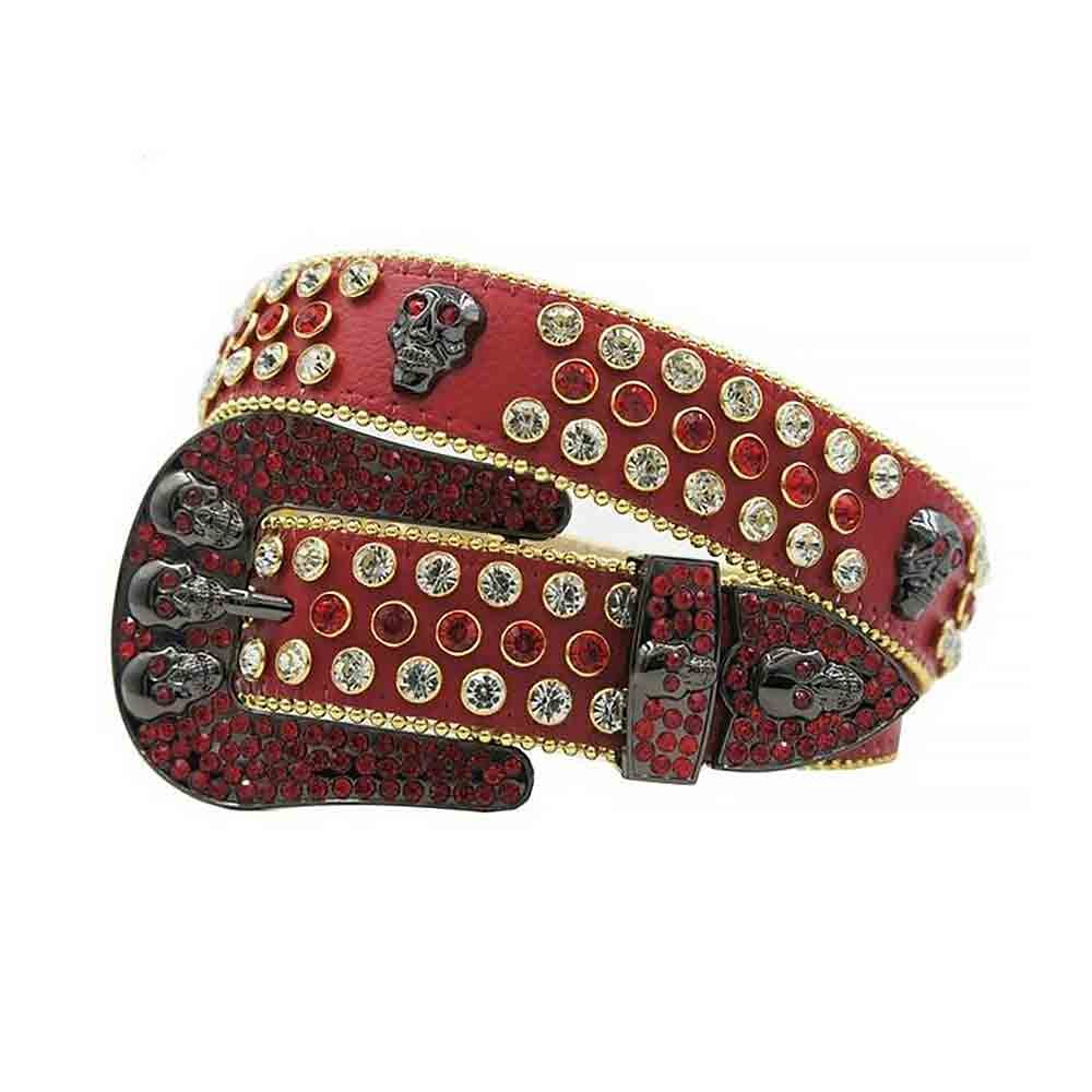 Unisex Red Leather Belt with Skulls Studded Red and White Real Rhinestones & Classic Black Skull Buckle Add a touch of luxury and sparkle to your outfit with the Unisex Red Leather Belt from Real Rhinestone. Featuring a sleek Red leather strap, this stylish belt is adorned with Red and White Color diamond rhinestones, creating a bold and glamorous look. The Black buckle, decorated with Red and White crystal rhinestones, enhances the design with extra shine and sophistication. Designed for versatility and comfort, this belt is perfect for both casual and dressy occasions. Whether you're looking to complete a hip-hop-inspired outfit, make a statement at an event, or simply add some extra bling to your wardrobe, this belt is the perfect accessory. Its adjustable fit ensures all-day comfort, while the high-quality materials guarantee durability and long-lasting wear. Elevate your style effortlessly with the Unisex Red Leather Belt. Whether you're hitting the stage, going out with friends, or just upgrading your everyday look, this belt is a must-have. Order now from Real Rhinestone and bring some diamond-studded brilliance to your collection. Material: Premium Leather Rhinestone: Luxury Hand-Set High-Gloss Crystal Diamond Embellishments Buckle Type: Classic Horseshoe Zinc Buckle Set Featuring Engraved Design & Sparkling Rhinestones Width: 4cm (1.5 Inch) Style: Streetwear, Cowboy, Western, Partywear, Festivals & Performances, Fashion, Hip Hop, Bling, Diamond Belt Measurement: Please note that measurements may vary by 1-2 cm. Our belts are measured from the fold where the buckle is attached to the middle hole. For the best fit, we recommend measuring a belt you already own from the fold to the hole you use most frequently. Ideally, the belt should be worn on the third hole for optimal fit and comfort.