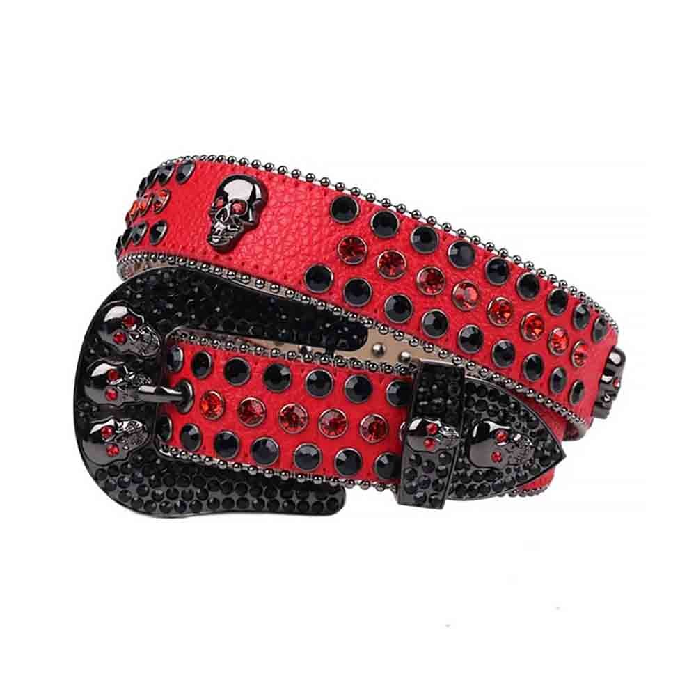 Unisex Red Leather Belt with Skulls Studded Black and Red Real Rhinestones & Classic Black Skull Buckle Add a touch of luxury and sparkle to your outfit with the Unisex Red Leather Belt from Real Rhinestone. Featuring a sleek red leather strap, this stylish belt is adorned with Black and Red Color diamond rhinestones, creating a bold and glamorous look. The Black buckle, decorated with Black and Red crystal rhinestones, enhances the design with extra shine and sophistication. Designed for versatility and comfort, this belt is perfect for both casual and dressy occasions. Whether you're looking to complete a hip-hop-inspired outfit, make a statement at an event, or simply add some extra bling to your wardrobe, this belt is the perfect accessory. Its adjustable fit ensures all-day comfort, while the high-quality materials guarantee durability and long-lasting wear. Elevate your style effortlessly with the Unisex Red Leather Belt. Whether you're hitting the stage, going out with friends, or just upgrading your everyday look, this belt is a must-have. Order now from Real Rhinestone and bring some diamond-studded brilliance to your collection. Material: Premium Leather Rhinestone: Luxury Hand-Set High-Gloss Crystal Diamond Embellishments Buckle Type: Classic Horseshoe Zinc Buckle Set Featuring Engraved Design & Sparkling Rhinestones Width: 4cm (1.5 Inch) Style: Streetwear, Cowboy, Western, Partywear, Festivals & Performances, Fashion, Hip Hop, Bling, Diamond Belt Measurement: Please note that measurements may vary by 1-2 cm. Our belts are measured from the fold where the buckle is attached to the middle hole. For the best fit, we recommend measuring a belt you already own from the fold to the hole you use most frequently. Ideally, the belt should be worn on the third hole for optimal fit and comfort.
