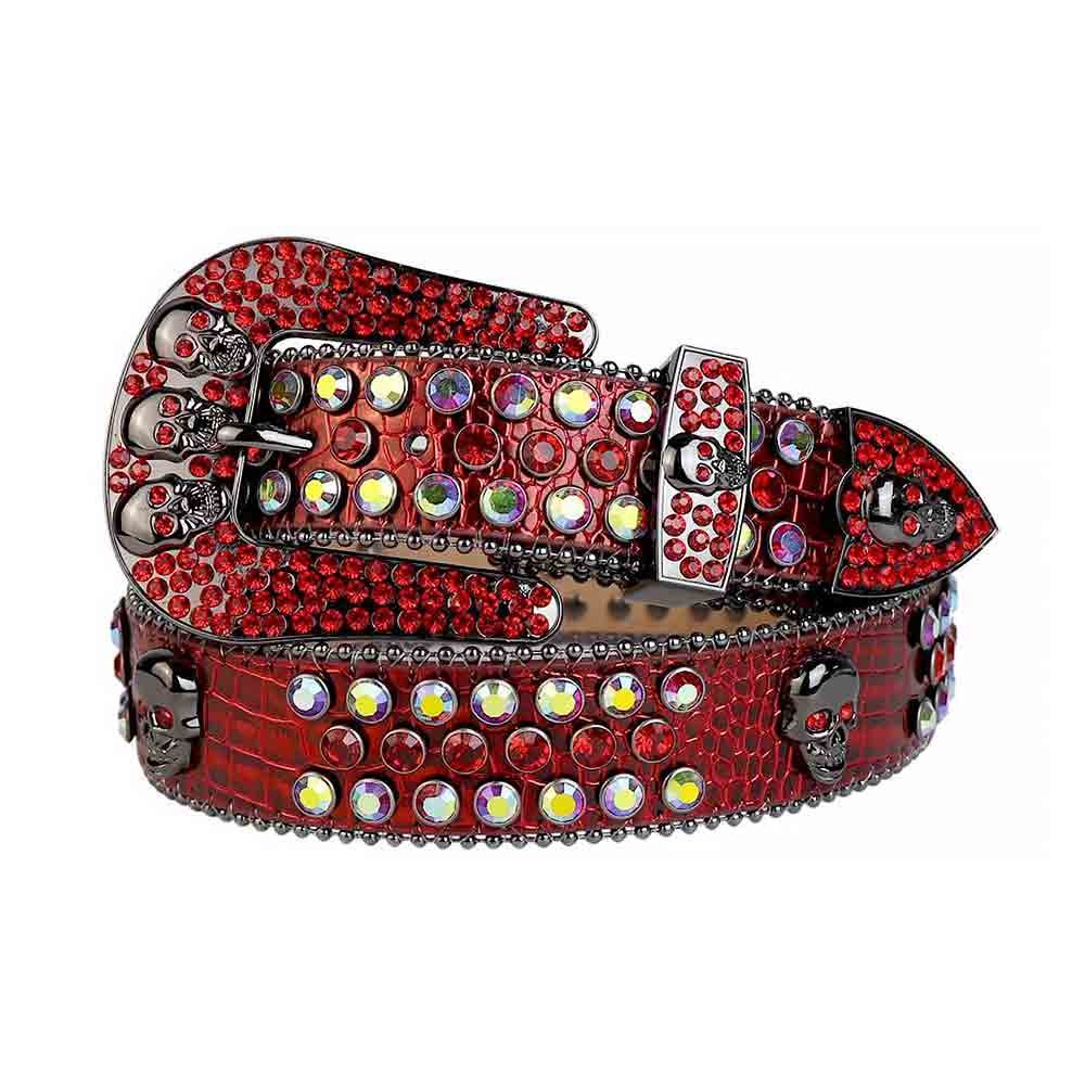 Unisex Red Leather Belt with Skulls Studded Multi Color and Red Real Rhinestones & Classic Gray Skull Buckle Add a touch of luxury and sparkle to your outfit with the Unisex Red Leather Belt from Real Rhinestone. Featuring a sleek red leather strap, this stylish belt is adorned with Multi Color and Red Color diamond rhinestones, creating a bold and glamorous look. The Gray buckle, decorated with Multi Color and Red crystal rhinestones, enhances the design with extra shine and sophistication. Designed for versatility and comfort, this belt is perfect for both casual and dressy occasions. Whether you're looking to complete a hip-hop-inspired outfit, make a statement at an event, or simply add some extra bling to your wardrobe, this belt is the perfect accessory. Its adjustable fit ensures all-day comfort, while the high-quality materials guarantee durability and long-lasting wear. Elevate your style effortlessly with the Unisex Red Leather Belt. Whether you're hitting the stage, going out with friends, or just upgrading your everyday look, this belt is a must-have. Order now from Real Rhinestone and bring some diamond-studded brilliance to your collection. Material: Premium Leather Rhinestone: Luxury Hand-Set High-Gloss Crystal Diamond Embellishments Buckle Type: Classic Horseshoe Zinc Buckle Set Featuring Engraved Design & Sparkling Rhinestones Width: 4cm (1.5 Inch) Style: Streetwear, Cowboy, Western, Partywear, Festivals & Performances, Fashion, Hip Hop, Bling, Diamond Belt Measurement: Please note that measurements may vary by 1-2 cm. Our belts are measured from the fold where the buckle is attached to the middle hole. For the best fit, we recommend measuring a belt you already own from the fold to the hole you use most frequently. Ideally, the belt should be worn on the third hole for optimal fit and comfort.
