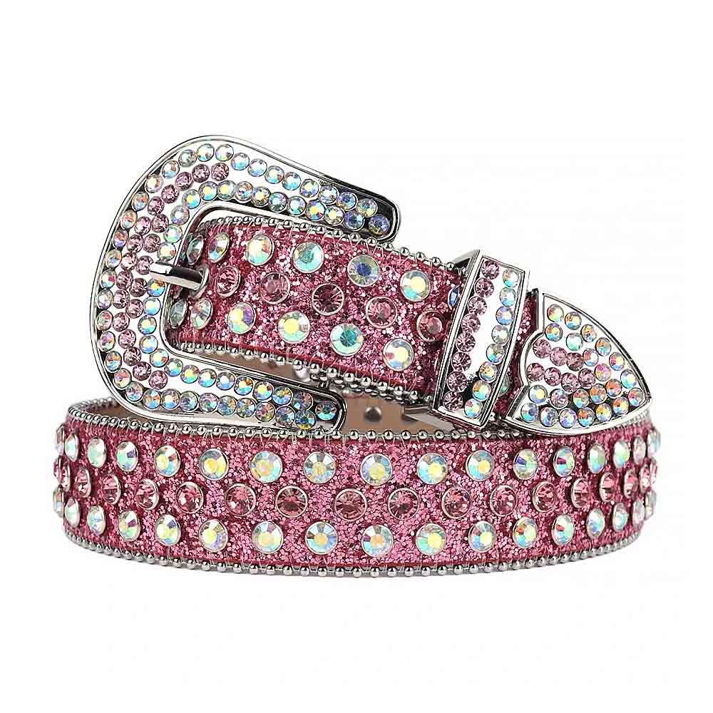 Unisex Reddish-Purple Shimmer Leather Belt with Reddish-Purple and Multicolor Real Rhinestones & Silver Buckle Add a touch of luxury and sparkle to your outfit with the Unisex Reddish-Purple Shimmer Leather Belt from Real Rhinestone. Featuring a sleek Reddish-Purple leather strap, this stylish belt is adorned with Reddish-Purple and Multicolor diamond rhinestones, creating a bold and glamorous look. The Silver buckle, decorated with Multicolor crystal rhinestones, enhances the design with extra shine and sophistication. Designed for versatility and comfort, this belt is perfect for both casual and dressy occasions. Whether you're looking to complete a hip-hop-inspired outfit, make a statement at an event, or simply add some extra bling to your wardrobe, this belt is the perfect accessory. Its adjustable fit ensures all-day comfort, while the high-quality materials guarantee durability and long-lasting wear. Elevate your style effortlessly with the Unisex Reddish-Purple Shimmer Leather Belt. Whether you're hitting the stage, going out with friends, or just upgrading your everyday look, this belt is a must-have. Order now from Real Rhinestone and bring some diamond-studded brilliance to your collection. Material: Premium Leather Rhinestone: Luxury Hand-Set High-Gloss Crystal Diamond Embellishments Buckle Type: Classic Horseshoe Zinc Buckle Set Featuring Engraved Design & Sparkling Rhinestones Width: 4cm (1.5 Inch) Style: Streetwear, Cowboy, Western, Partywear, Festivals & Performances, Fashion, Hip Hop, Bling, Diamond Belt Measurement: Please note that measurements may vary by 1-2 cm. Our belts are measured from the fold where the buckle is attached to the middle hole. For the best fit, we recommend measuring a belt you already own from the fold to the hole you use most frequently. Ideally, the belt should be worn on the third hole for optimal fit and comfort.