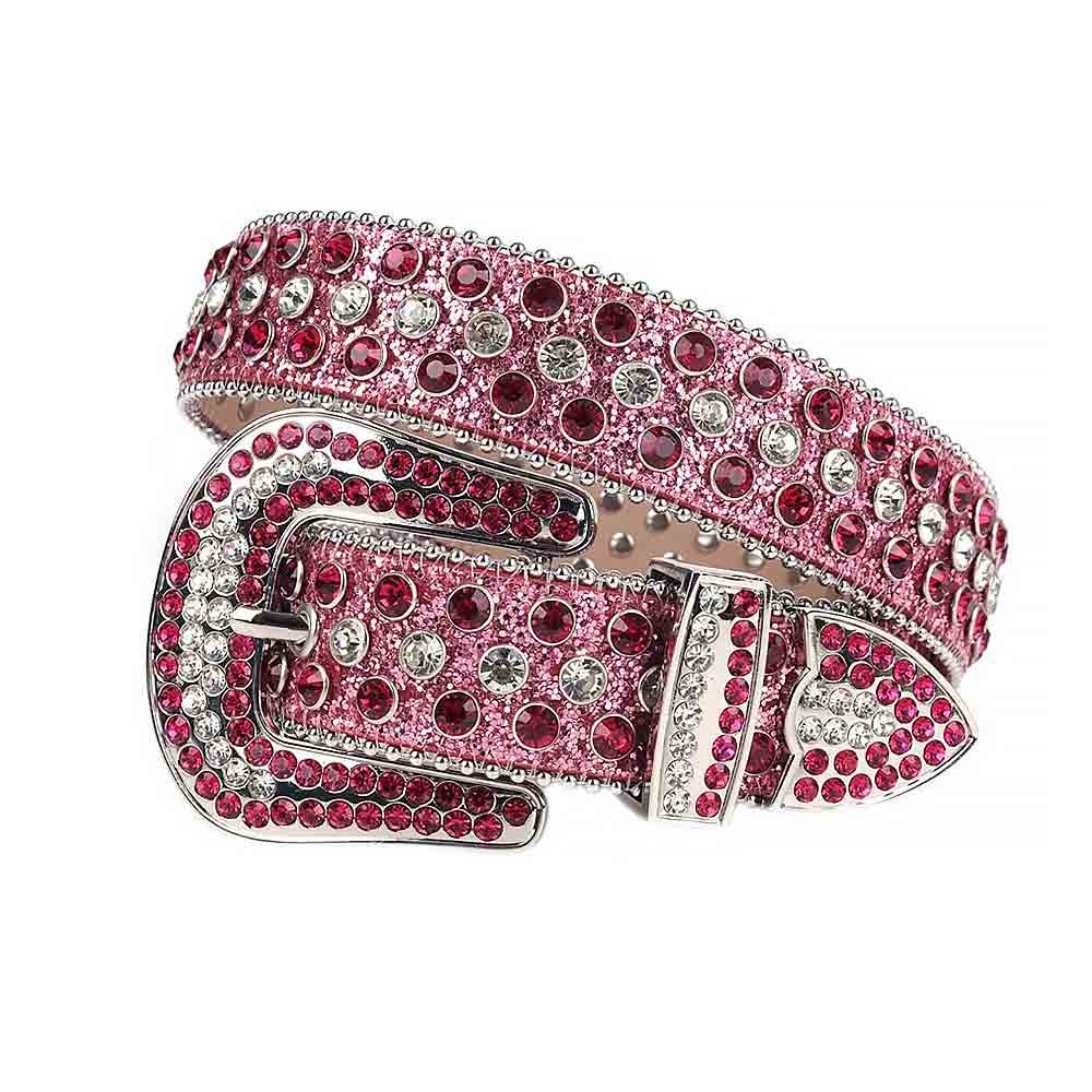 Unisex Reddish-Purple Shimmer Leather Belt with Reddish-Purple and White Real Rhinestones & Silver Buckle Add a touch of luxury and sparkle to your outfit with the Unisex Reddish-Purple Shimmer Leather Belt from Real Rhinestone. Featuring a sleek purple leather strap, this stylish belt is adorned with Reddish-Purple and White diamond rhinestones, creating a bold and glamorous look. The Silver buckle, decorated with Reddish-purple and White crystal rhinestones, enhances the design with extra shine and sophistication. Designed for versatility and comfort, this belt is perfect for both casual and dressy occasions. Whether you're looking to complete a hip-hop-inspired outfit, make a statement at an event, or simply add some extra bling to your wardrobe, this belt is the perfect accessory. Its adjustable fit ensures all-day comfort, while the high-quality materials guarantee durability and long-lasting wear. Elevate your style effortlessly with the Unisex Reddish-Purple Shimmer Leather Belt. Whether you're hitting the stage, going out with friends, or just upgrading your everyday look, this belt is a must-have. Order now from Real Rhinestone and bring some diamond-studded brilliance to your collection. Material: Premium Leather Rhinestone: Luxury Hand-Set High-Gloss Crystal Diamond Embellishments Buckle Type: Classic Horseshoe Zinc Buckle Set Featuring Engraved Design & Sparkling Rhinestones Width: 4cm (1.5 Inch) Style: Streetwear, Cowboy, Western, Partywear, Festivals & Performances, Fashion, Hip Hop, Bling, Diamond Belt Measurement: Please note that measurements may vary by 1-2 cm. Our belts are measured from the fold where the buckle is attached to the middle hole. For the best fit, we recommend measuring a belt you already own from the fold to the hole you use most frequently. Ideally, the belt should be worn on the third hole for optimal fit and comfort.