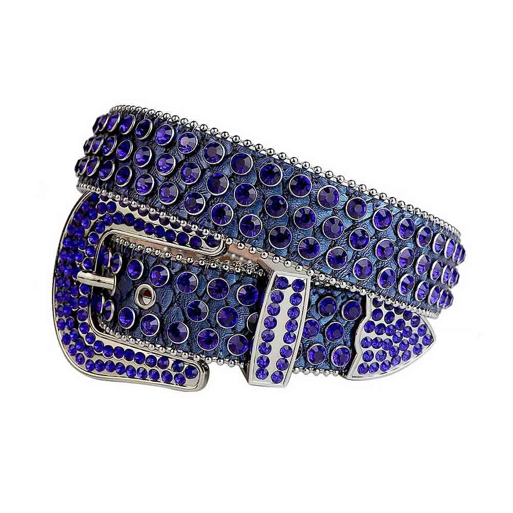 Unisex Royal Blue Leather Belt with Royal Blue Color Real Rhinestones & Classic Silver Buckle Add a touch of luxury and sparkle to your outfit with the Unisex Royal Blue Leather Belt from Real Rhinestone. Featuring a sleek royal blue leather strap, this stylish belt is adorned with Royal Blue Color diamond rhinestones, creating a bold and glamorous look. The Silver buckle, decorated with royal blue crystal rhinestones, enhances the design with extra shine and sophistication. Designed for versatility and comfort, this belt is perfect for both casual and dressy occasions. Whether you're looking to complete a hip-hop-inspired outfit, make a statement at an event, or simply add some extra bling to your wardrobe, this belt is the perfect accessory. Its adjustable fit ensures all-day comfort, while the high-quality materials guarantee durability and long-lasting wear. Elevate your style effortlessly with the Unisex Royal Blue Shimmer Leather Belt. Whether you're hitting the stage, going out with friends, or just upgrading your everyday look, this belt is a must-have. Order now from Real Rhinestone and bring some diamond-studded brilliance to your collection. Material: Premium Leather Rhinestone: Luxury Hand-Set High-Gloss Crystal Diamond Embellishments Buckle Type: Classic Horseshoe Zinc Buckle Set Featuring Engraved Design & Sparkling Rhinestones Width: 4cm (1.5 Inch) Style: Streetwear, Cowboy, Western, Partywear, Festivals & Performances, Fashion, Hip Hop, Bling, Diamond Belt Measurement: Please note that measurements may vary by 1-2 cm. Our belts are measured from the fold where the buckle is attached to the middle hole. For the best fit, we recommend measuring a belt you already own from the fold to the hole you use most frequently. Ideally, the belt should be worn on the third hole for optimal fit and comfort.