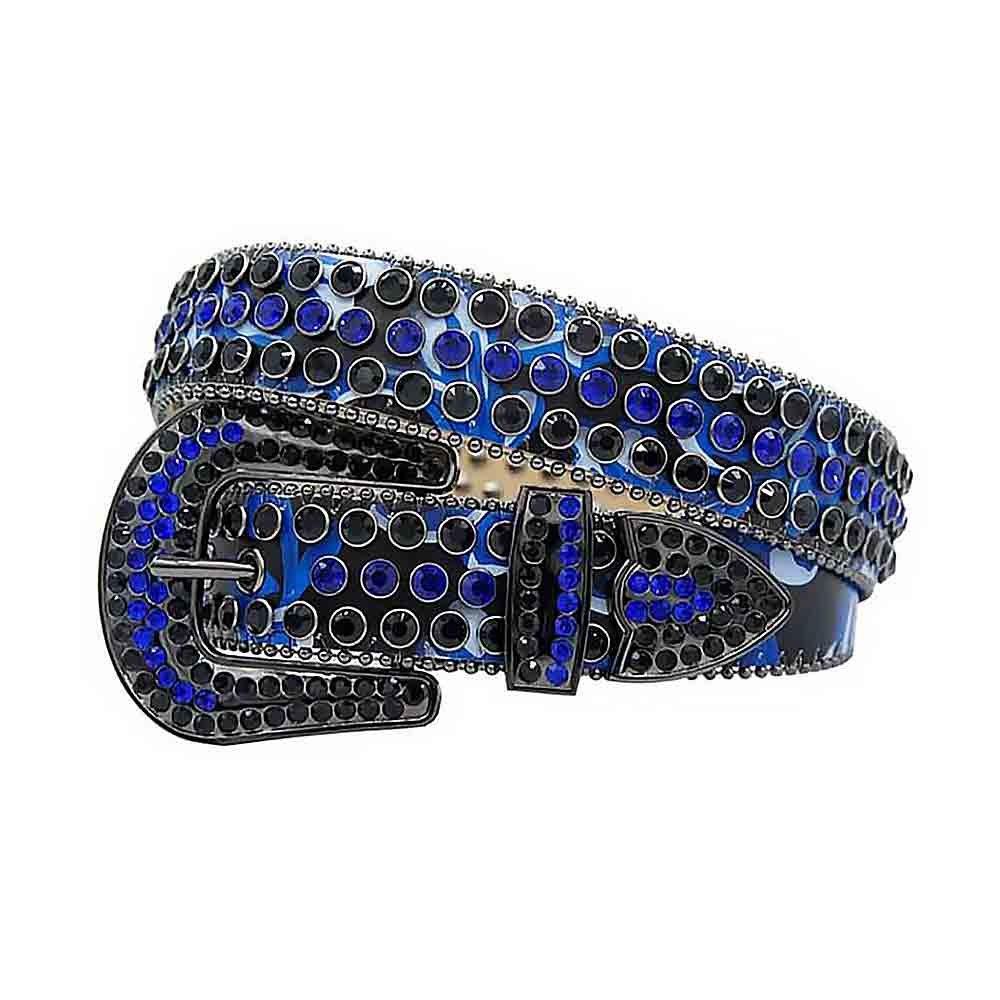 Unisex Royal Blue and Black Leather Belt with Royal Blue and Black Color Real Rhinestones & Classic Black Buckle Add a touch of luxury and sparkle to your outfit with the Unisex Royal Blue and Black Leather Belt from Real Rhinestone. Featuring a sleek Royal Blue and Black leather strap, this stylish belt is adorned with Royal Blue and Black diamond rhinestones, creating a bold and glamorous look. The Black buckle, decorated with Royal Blue and Black crystal rhinestones, enhances the design with extra shine and sophistication. Designed for versatility and comfort, this belt is perfect for both casual and dressy occasions. Whether you're looking to complete a hip-hop-inspired outfit, make a statement at an event, or simply add some extra bling to your wardrobe, this belt is the perfect accessory. Its adjustable fit ensures all-day comfort, while the high-quality materials guarantee durability and long-lasting wear. Elevate your style effortlessly with the Unisex Royal Blue and Black Leather Belt. Whether you're hitting the stage, going out with friends, or just upgrading your everyday look, this belt is a must-have. Order now from Real Rhinestone and bring some diamond-studded brilliance to your collection. Material: Premium Leather Rhinestone: Luxury Hand-Set High-Gloss Crystal Diamond Embellishments Buckle Type: Classic Horseshoe Zinc Buckle Set Featuring Engraved Design & Sparkling Rhinestones Width: 4cm (1.5 Inch) Style: Streetwear, Cowboy, Western, Partywear, Festivals & Performances, Fashion, Hip Hop, Bling, Diamond Belt Measurement: Please note that measurements may vary by 1-2 cm. Our belts are measured from the fold where the buckle is attached to the middle hole. For the best fit, we recommend measuring a belt you already own from the fold to the hole you use most frequently. Ideally, the belt should be worn on the third hole for optimal fit and comfort.