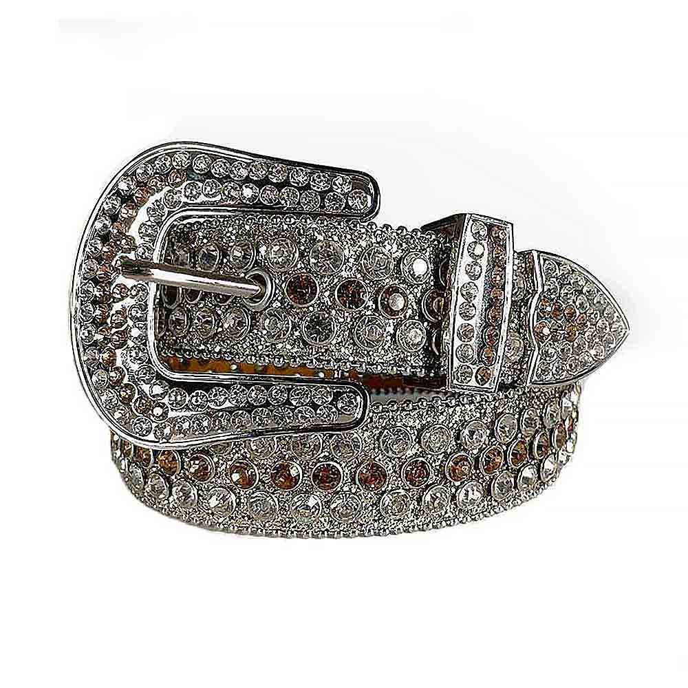 Unisex Silver Leather Belt with White and Brown Color Real Rhinestones & Classic Silver Buckle Add a touch of luxury and sparkle to your outfit with the Unisex Silver Shimmer Leather Belt from Real Rhinestone. Featuring a sleek Silver leather strap, this stylish belt is adorned with White and Brown Color diamond rhinestones, creating a bold and glamorous look. The Silver buckle, decorated with White and Brown crystal rhinestones, enhances the design with extra shine and sophistication. Designed for versatility and comfort, this belt is perfect for both casual and dressy occasions. Whether you're looking to complete a hip-hop-inspired outfit, make a statement at an event, or simply add some extra bling to your wardrobe, this belt is the perfect accessory. Its adjustable fit ensures all-day comfort, while the high-quality materials guarantee durability and long-lasting wear. Elevate your style effortlessly with the Unisex Silver Shimmer Leather Belt. Whether you're hitting the stage, going out with friends, or just upgrading your everyday look, this belt is a must-have. Order now from Real Rhinestone and bring some diamond-studded brilliance to your collection. Material: Premium Leather Rhinestone: Luxury Hand-Set High-Gloss Crystal Diamond Embellishments Buckle Type: Classic Horseshoe Zinc Buckle Set Featuring Engraved Design & Sparkling Rhinestones Width: 4cm (1.5 Inch) Style: Streetwear, Cowboy, Western, Partywear, Festivals & Performances, Fashion, Hip Hop, Bling, Diamond Belt Measurement: Please note that measurements may vary by 1-2 cm. Our belts are measured from the fold where the buckle is attached to the middle hole. For the best fit, we recommend measuring a belt you already own from the fold to the hole you use most frequently. Ideally, the belt should be worn on the third hole for optimal fit and comfort.