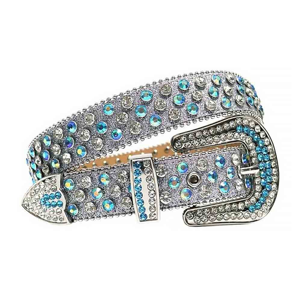Unisex Silver Leather Belt with Iridescent Blue and White Color Real Rhinestones & Classic Silver Buckle Add a touch of luxury and sparkle to your outfit with the Unisex Silver Leather Belt from Real Rhinestone. Featuring a sleek silver leather strap, this stylish belt is adorned with Iridescent Blue and White Color diamond rhinestones, creating a bold and glamorous look. The Silver buckle, decorated with Iridescent Blue and White crystal rhinestones, enhances the design with extra shine and sophistication. Designed for versatility and comfort, this belt is perfect for both casual and dressy occasions. Whether you're looking to complete a hip-hop-inspired outfit, make a statement at an event, or simply add some extra bling to your wardrobe, this belt is the perfect accessory. Its adjustable fit ensures all-day comfort, while the high-quality materials guarantee durability and long-lasting wear. Elevate your style effortlessly with the Unisex Silver Leather Belt. Whether you're hitting the stage, going out with friends, or just upgrading your everyday look, this belt is a must-have. Order now from Real Rhinestone and bring some diamond-studded brilliance to your collection. Material: Premium Leather Rhinestone: Luxury Hand-Set High-Gloss Crystal Diamond Embellishments Buckle Type: Classic Horseshoe Zinc Buckle Set Featuring Engraved Design & Sparkling Rhinestones Width: 4cm (1.5 Inch) Style: Streetwear, Cowboy, Western, Partywear, Festivals & Performances, Fashion, Hip Hop, Bling, Diamond Belt Measurement: Please note that measurements may vary by 1-2 cm. Our belts are measured from the fold where the buckle is attached to the middle hole. For the best fit, we recommend measuring a belt you already own from the fold to the hole you use most frequently. Ideally, the belt should be worn on the third hole for optimal fit and comfort.